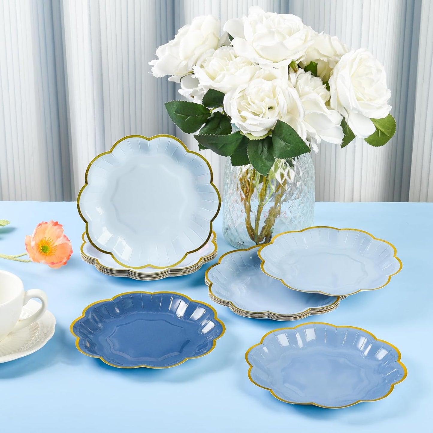 Dusty Blue Party Plates Gradient Blue Dessert Paper Plate 7inch Gold Foil Scalloped Edge Disposable Cake Plates for Father’s Day Birthday Bridal Baby Shower Wedding Party Supplies