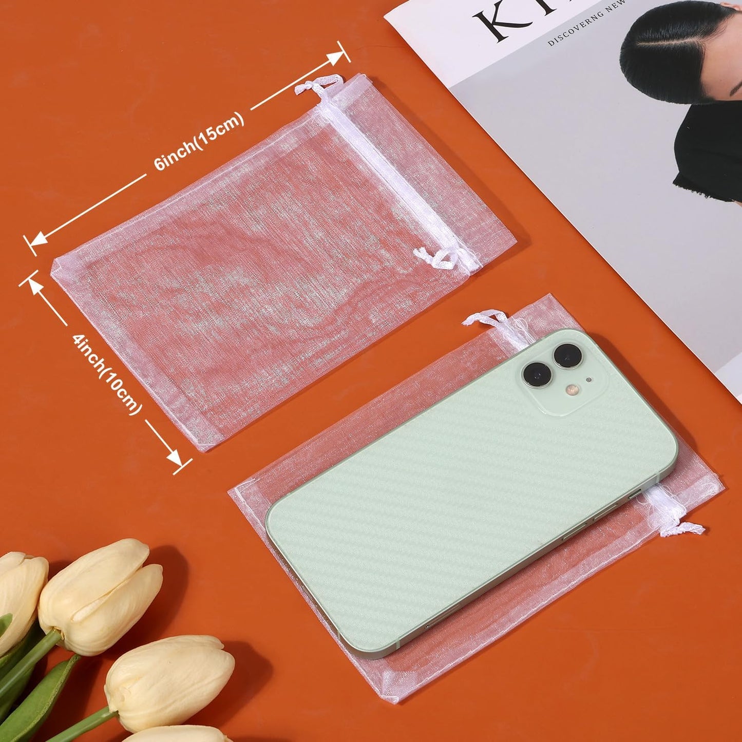 Hopttreely White Sheer Organza Bags, 4x6 inch 50PCS Mesh Bags Drawstring Gift Bags Jewelry Pouches for Candy Wedding Favors, Jewelry, Festival, Makeup