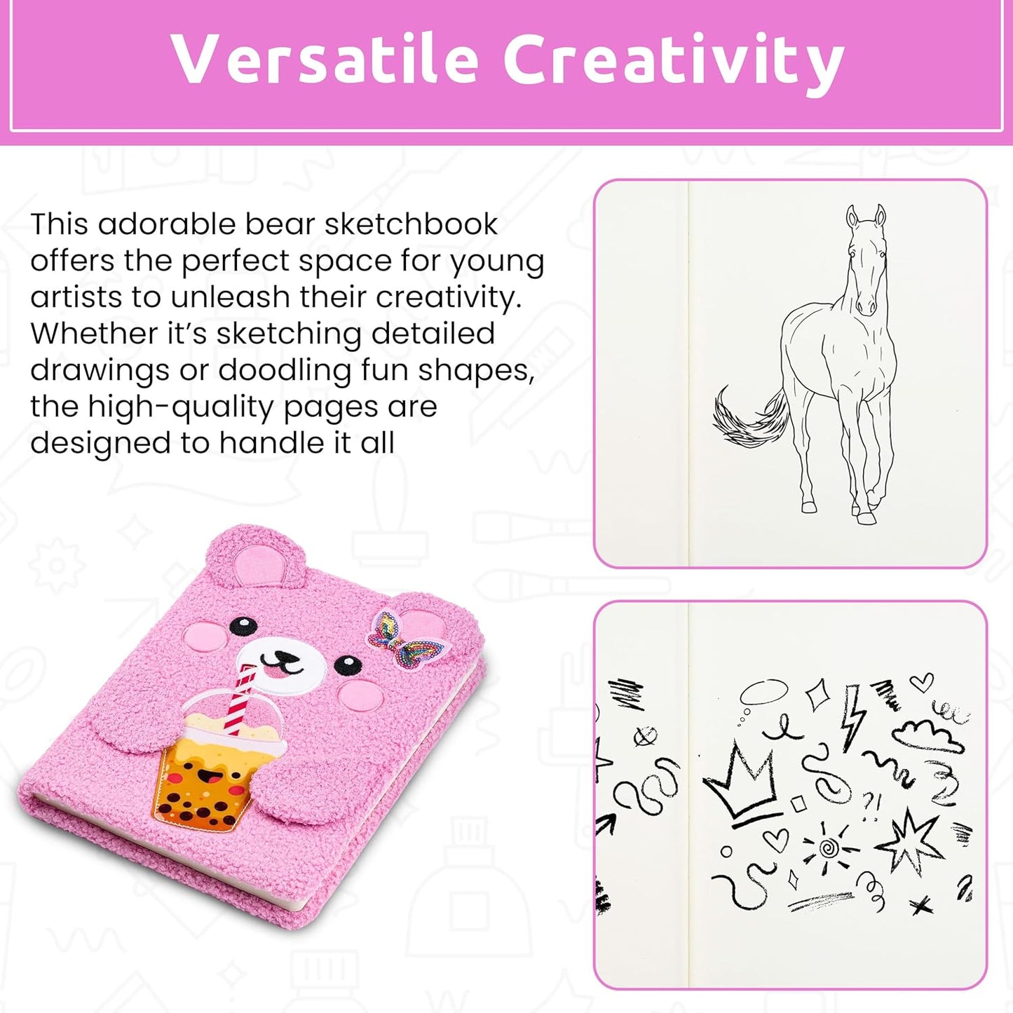 VOTUM Fuzzy Sketch Book: Personalized Artist Sketchbook: Sketching, Drawing and Creative Doodling. Notebook and Sketchbook to Draw and Journal (Pink Bear)