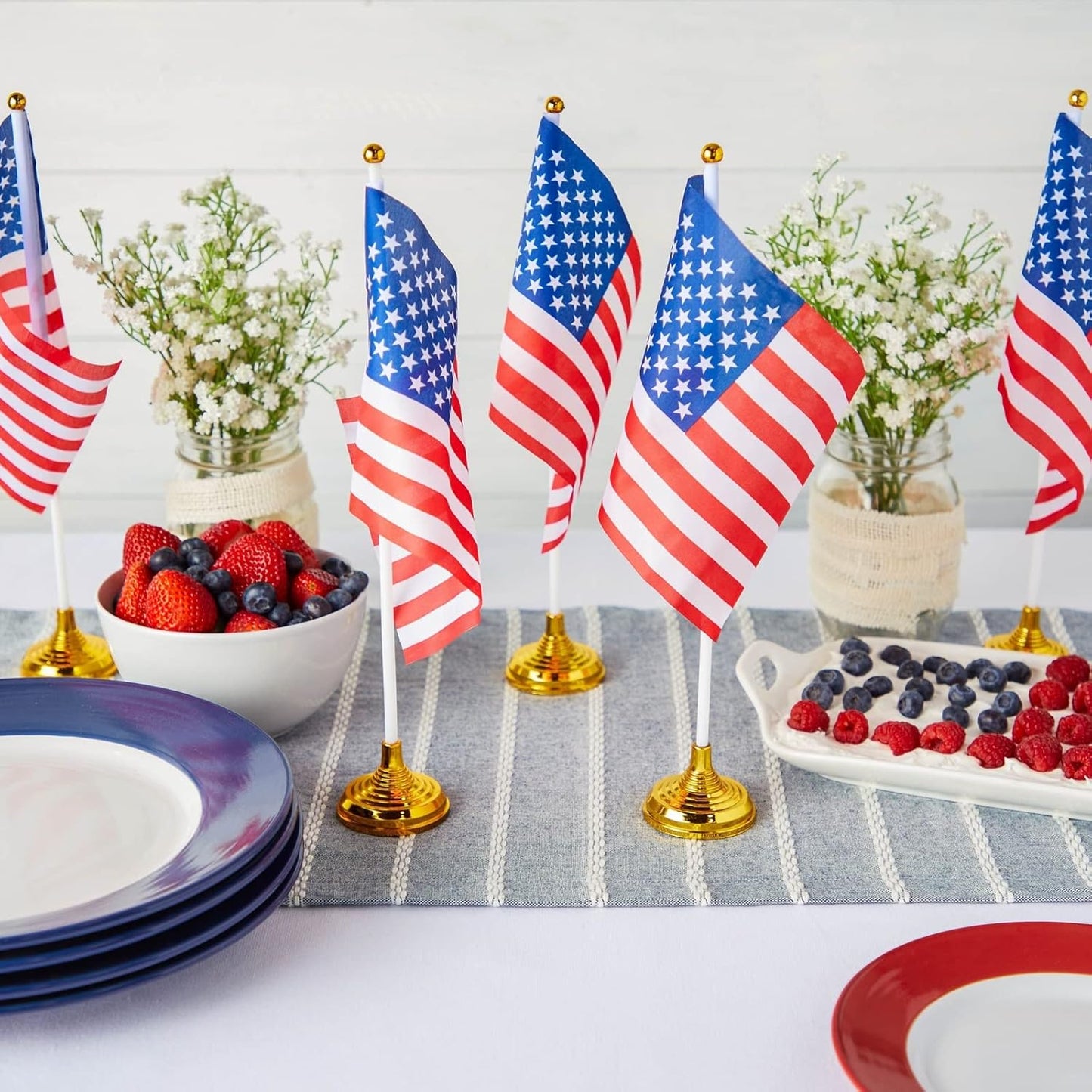 Juvale Mini American Flag Decor Set - 12-Pack 8 x 5.5in Flags on 12in Poles with Gold Base - Patriotic Table Decorations & Party Supplies for Desk & Office