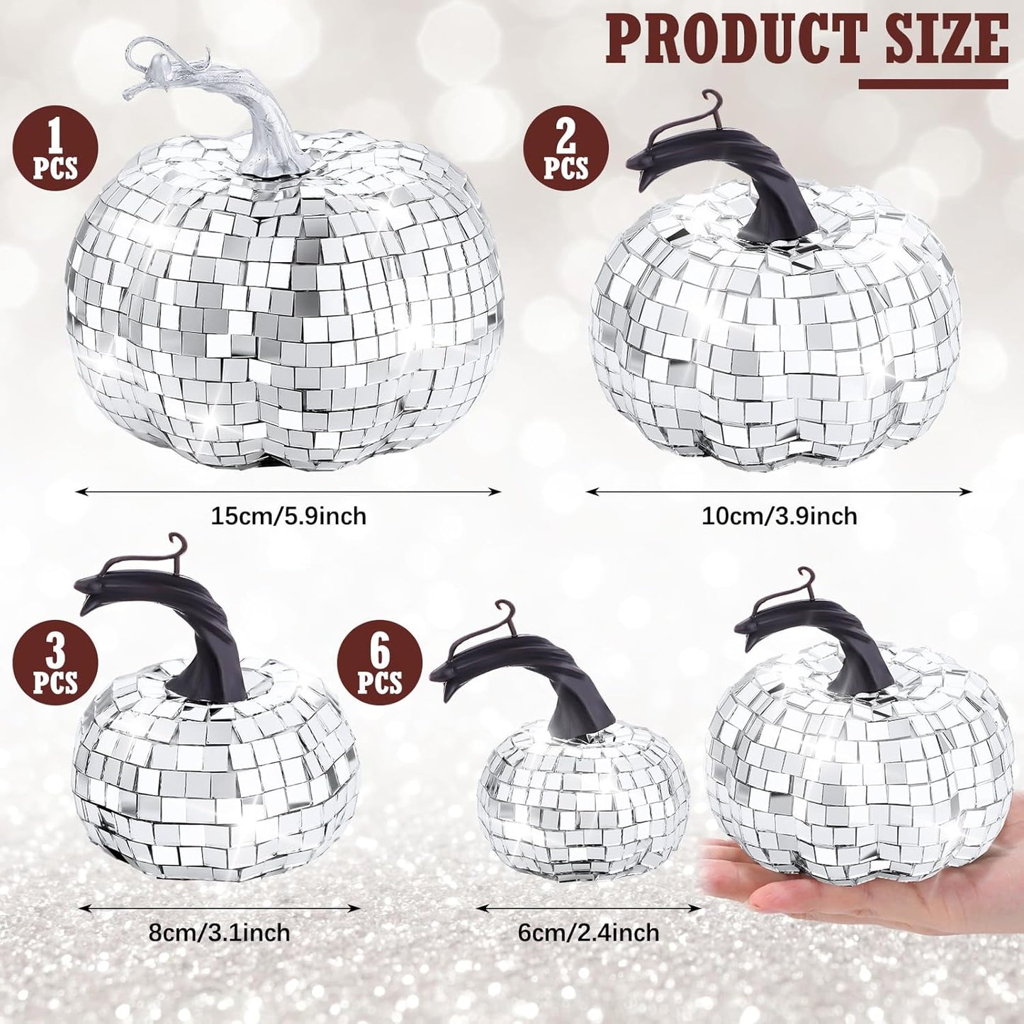Lenwen 12 Pcs Artificial Disco Pumpkin Glitter Mirror Pumpkin for Decorating Fall Farmhouse Hanging Ornament Harvest Decor for Halloween Thanksgiving Table Centerpiece(Sliver)