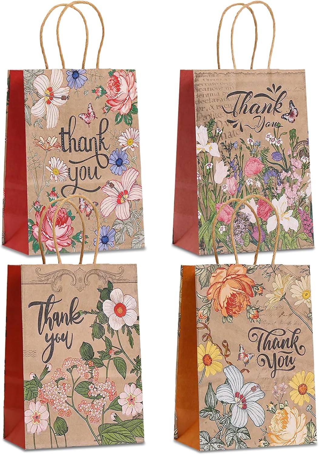 piqiya 24pcs Vintage Floral Gift Bags,Thank You Kraft Paper Bags with Handles for Friend Teacher Mom,Colorful Flower Pattern Bag for Gifting,Birthday,Gratitude,Party Goody Treat Bag