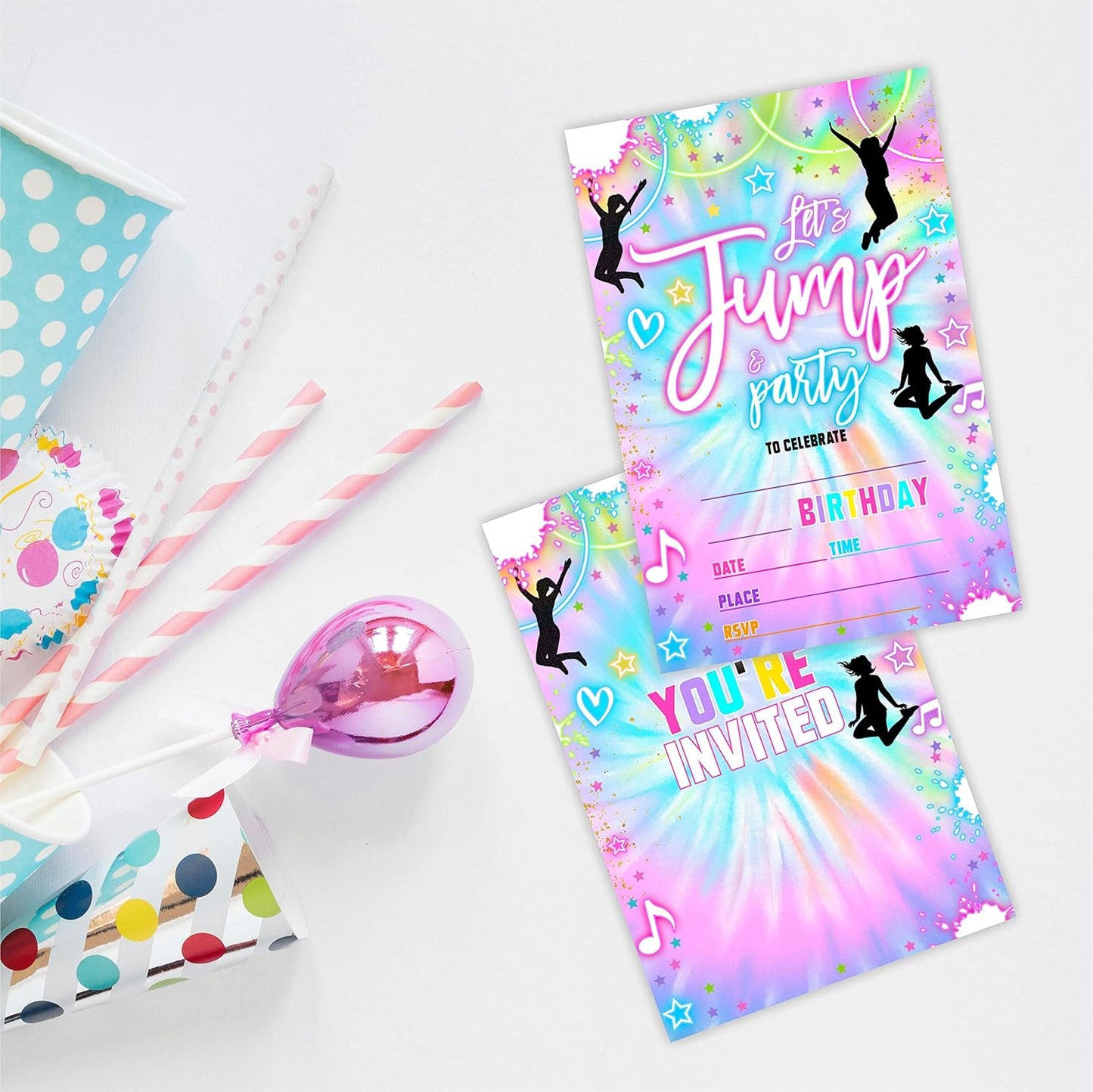 Tie Dye Trampoline Birthday Invitations,Let's Jump! Birthday Party Invite Cards（20 Count) With Envelopes, Fill In Style Invite Cards For Boys & Girls, Birthday Party Supplies-B06