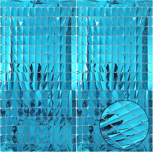 2 Pcs Blue Foil Fringe Square Curtain Backdrop - Blue Streamers Party Decorations, Sequin Square Curtain Photo Wall Backdrop Props for Under The Sea Birthday Ocean Beach Party Decor, 3.3 x 6.6 Ft