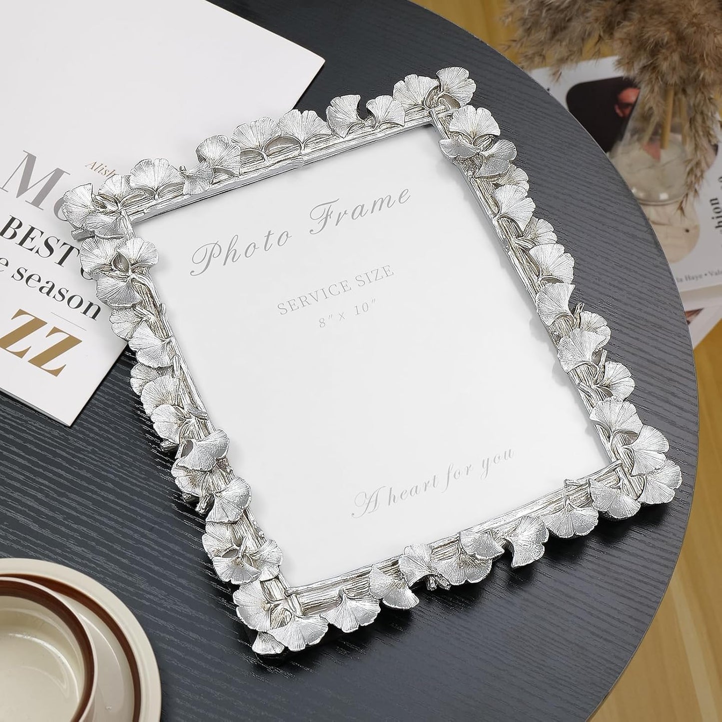 Cuspin Silver 8x10 Picture Frame, Vintage Silver Ornate Leaf Textured Hand-Crafted Resin with Glass Front Antique Photo Frame for Tabletop Display, Retro Design Home Decor