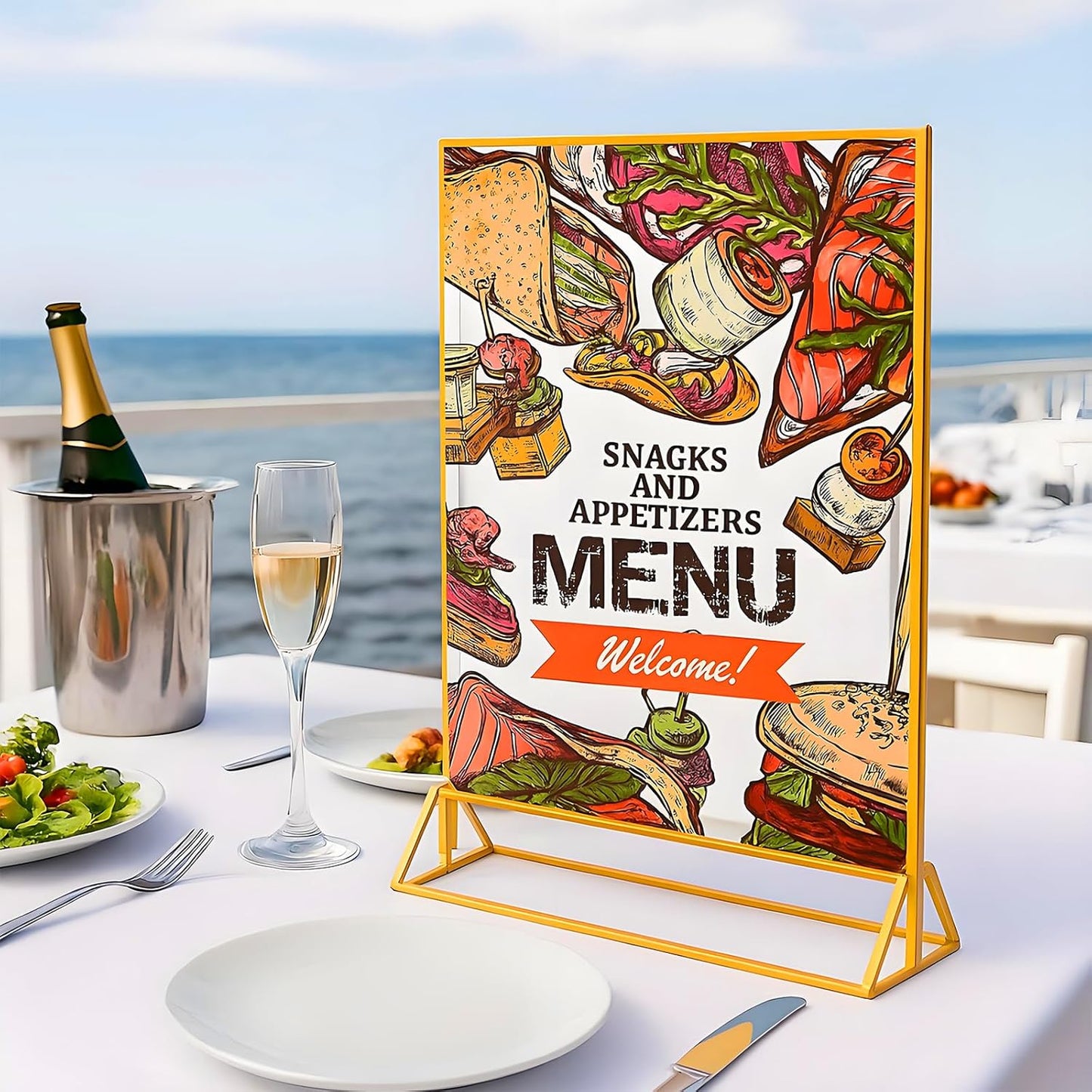 Acrylic Sign Holder, 5 x 7 Inch Gold Frames, 8 Pack Double-Sided Gold Display Stand Picture Frames, Table Signs Holders for Table Menus, Offices, Weddings, Flyers and Photo Frame (8 PCS)