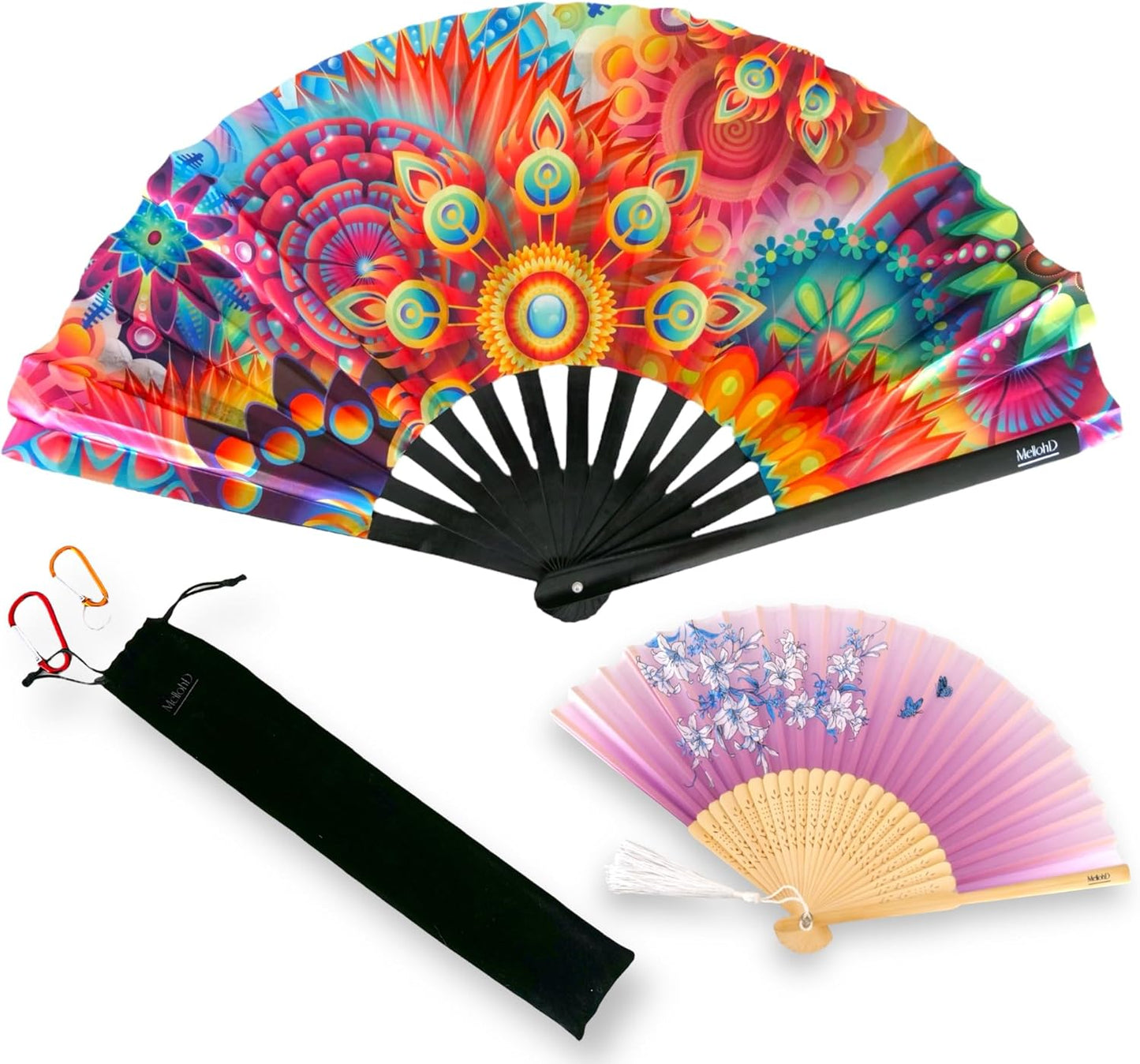 Rave Fan - Large Folding Fans (2 Pack) - Holder - Floral Paradise Design for Festivals, EDM, Burlesque, Drag Queen, Raver Gifts