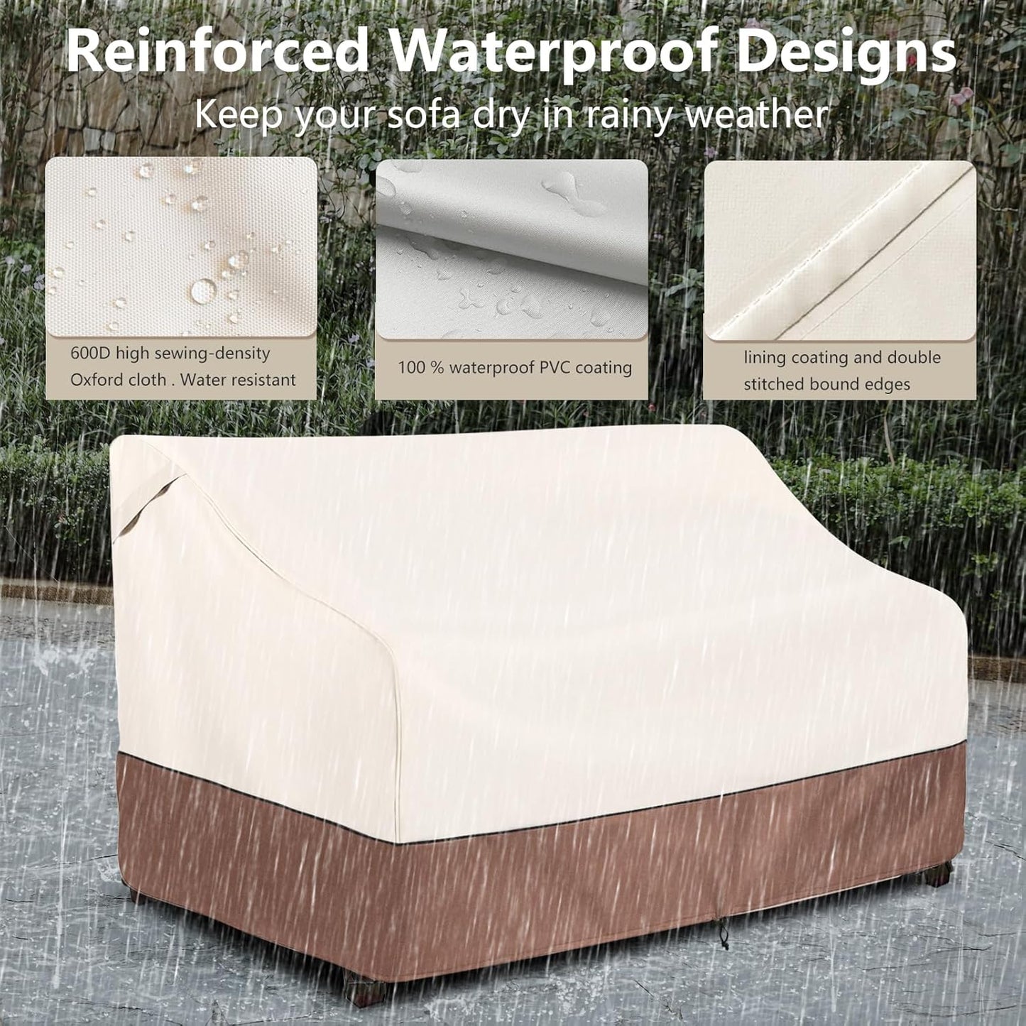Okcool Heavy Duty Patio Sofa Cover, 100% Waterproof 3-Seater Outdoor Sofa Cover Fits up to 85W x 38D x 35H Inches, Lawn Patio Furniture Covers,Beige & Brown