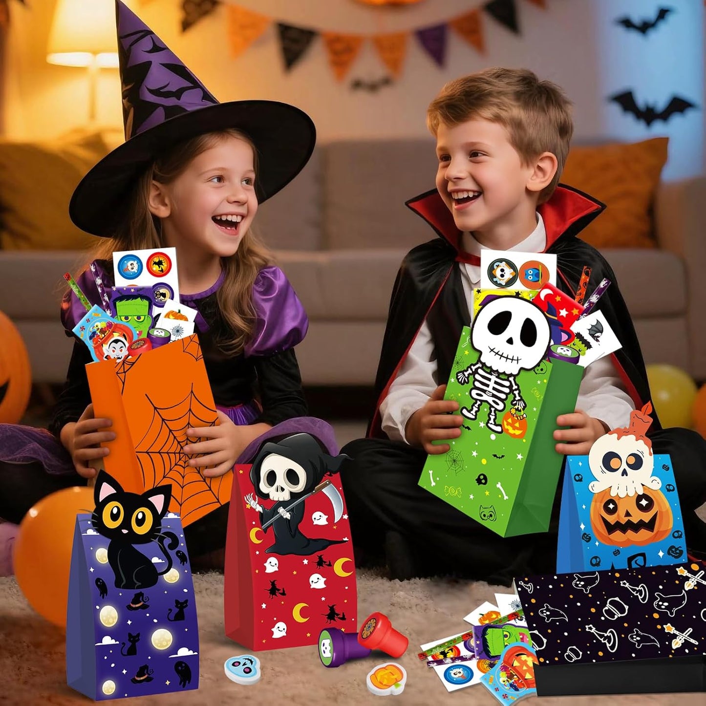 Halloween Party Favors for Kids,192pcs Halloween Stationery gift kit,Halloween Miniatures Prizes,Trick or Treat Goodie Bag Fillers including Notepad, Stamper, Sticker, Pencil, Eraser, Tattoo sticker