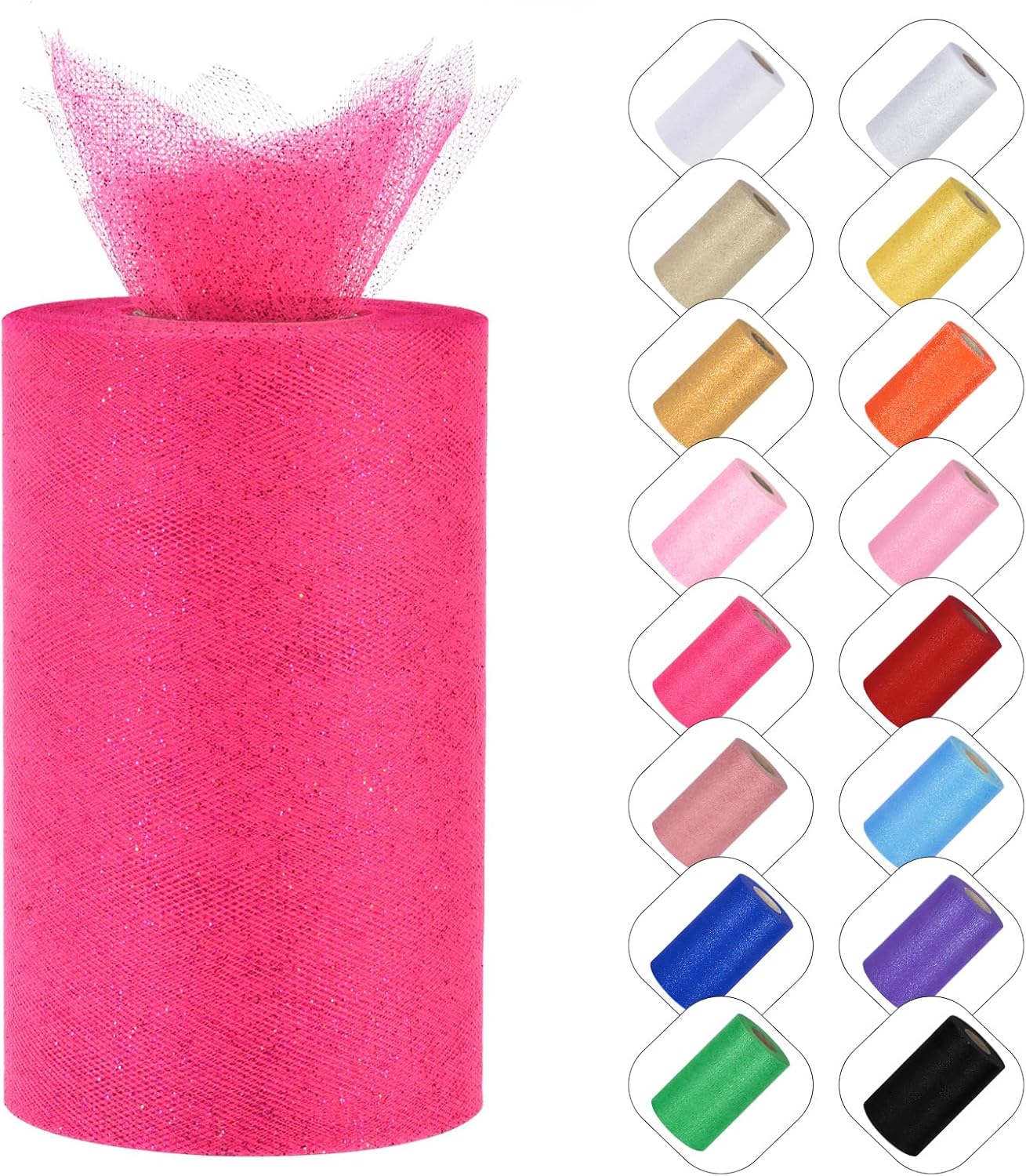 Glitter Tulle Rolls 6” by 50 Yards Sparkle Tulle Fabric Ribbon Sequin Tulle Netting Rolls for DIY Tutu Skirt Wedding Birthday Party Decoration (Fuchsia)