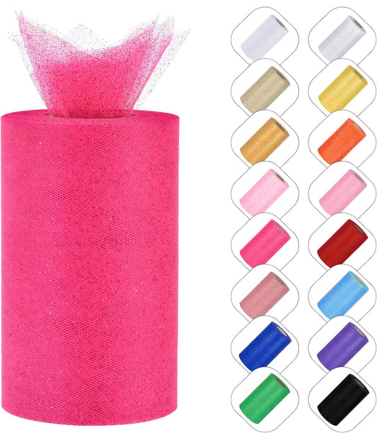 Glitter Tulle Rolls 6” by 50 Yards Sparkle Tulle Fabric Ribbon Sequin Tulle Netting Rolls for DIY Tutu Skirt Wedding Birthday Party Decoration (Fuchsia)