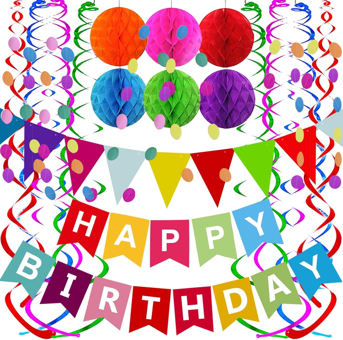 Happy Birthday Banner With Colorful Paper Flag Bunting Paper Circle Confetti Garland Swirl Streamers Honeycomb ball for Birthday Party Decorations