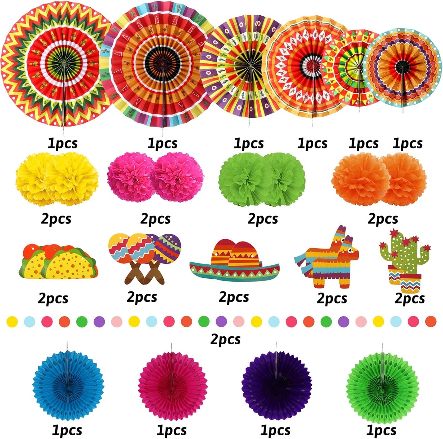ZERODECO Fiesta Mexican Party Decorations, 21 Pcs Multi-color Paper Fans, Pom Poms Flowers for Cinco De Mayo Taco Themed Birthday Party Supplies