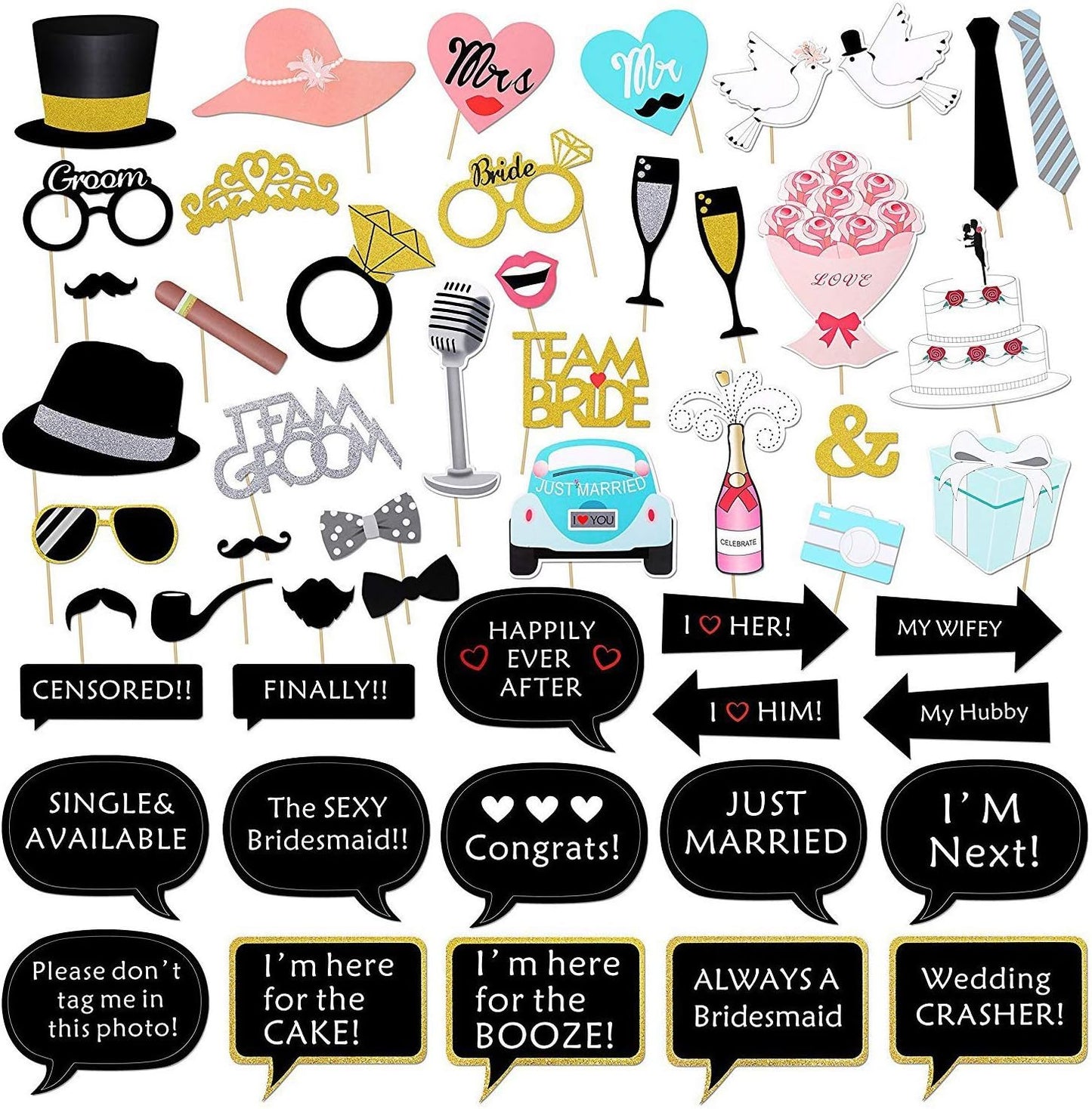 52pcs Wedding Photo Booth Props, Bachelorette Party Photo Booth Prop Kit for Bridal Shower, Engagement and Valentines Party, Photobooth Props Wedding Party Supplies