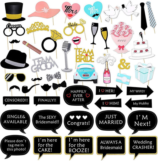 52pcs Wedding Photo Booth Props, Bachelorette Party Photo Booth Prop Kit for Bridal Shower, Engagement and Valentines Party, Photobooth Props Wedding Party Supplies