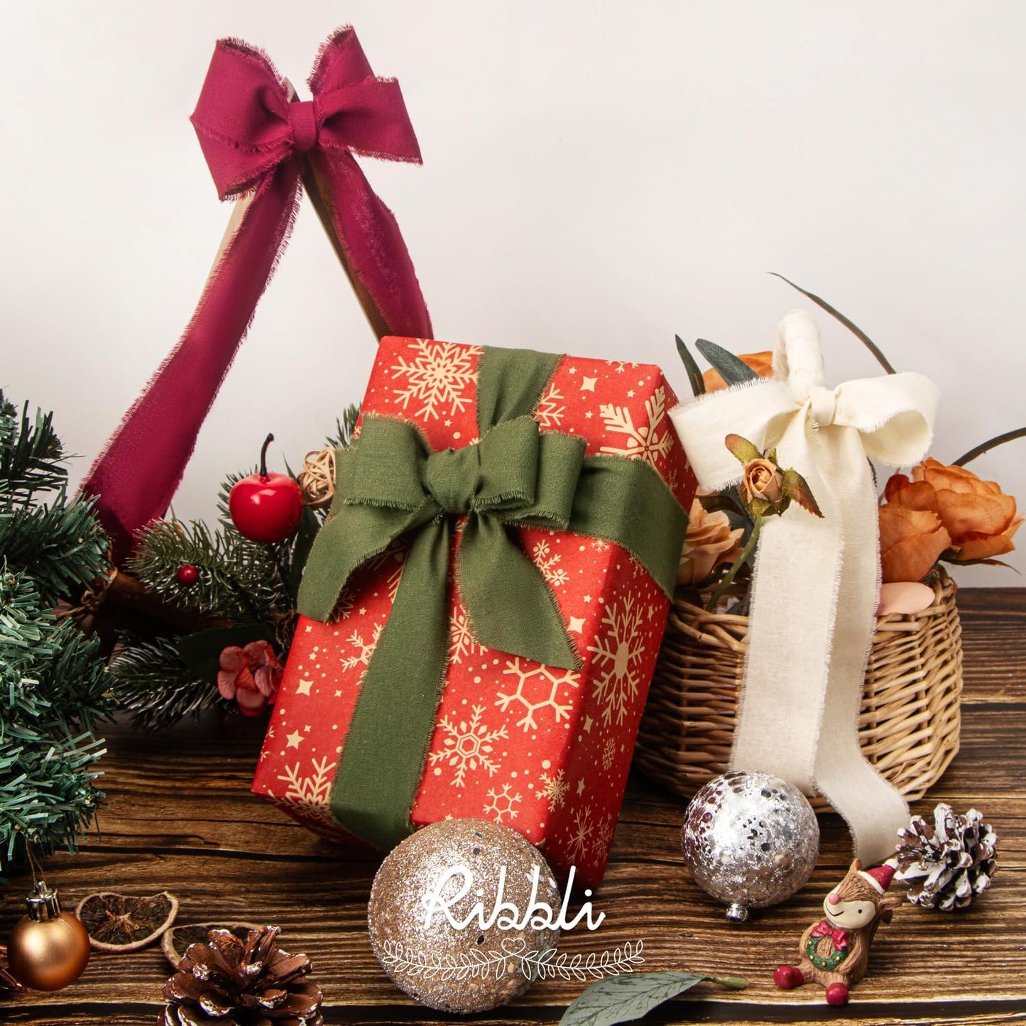 Ribbli 3 Rolls Christmas Ribbon 1.5 Inch x 18 Yards Ivory Burgundy Moss Handmade Cotton Frayed Fringe Ribbons for Gift Wrapping Wedding Invites Bridal Bouquets DIY Crafts Christmas Home Decor