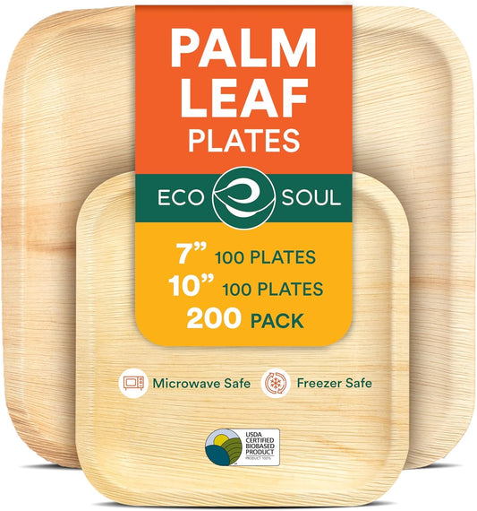 ECO SOUL Compostable 7 & 10 Inch Palm Leaf Square Plates (200 Count) Like Bamboo Plates | Biodegradable | Eco-Friendly, Microwave & Oven Safe - Party Pack