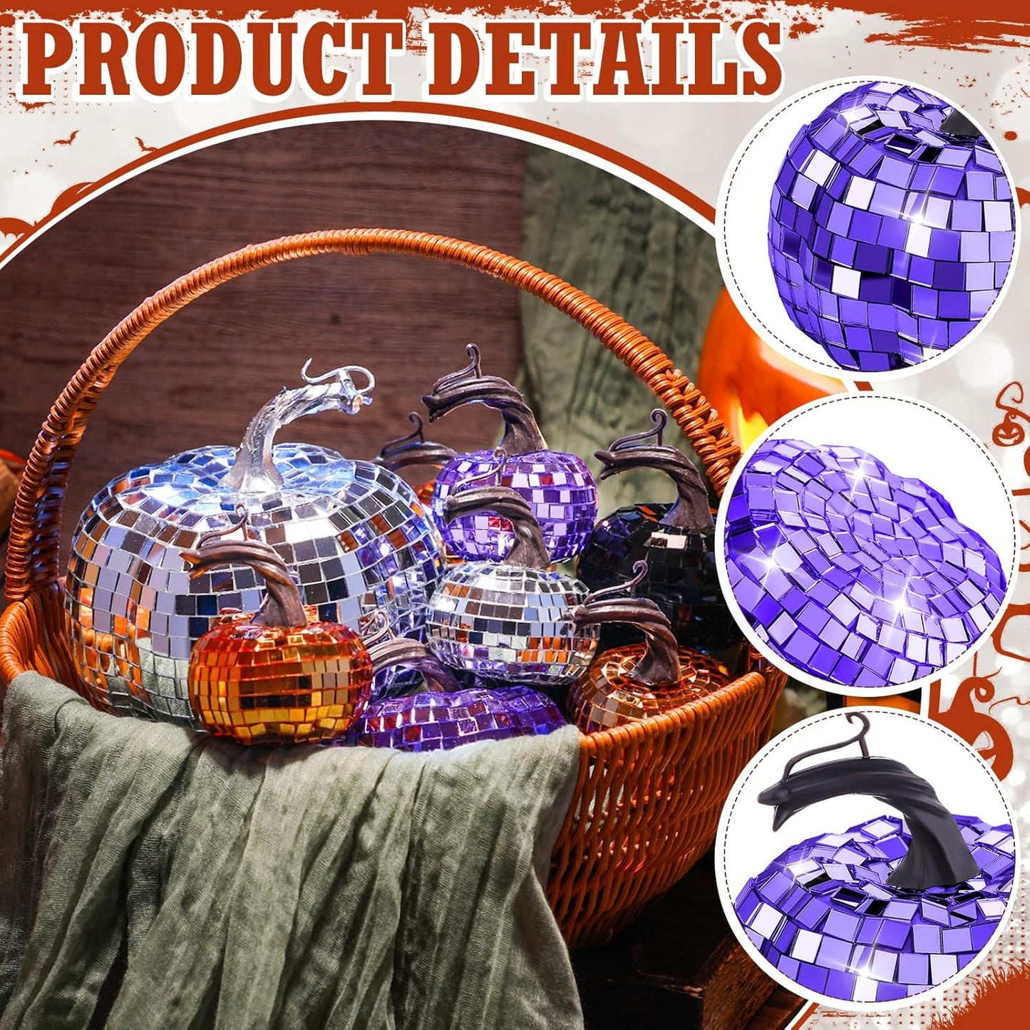 Lenwen 12 Pcs Artificial Disco Pumpkin Glitter Mirror Pumpkin for Decorating Fall Farmhouse Hanging Ornament Harvest Decor for Halloween Thanksgiving Table Centerpiece(Orange, Sliver, Black, Purple)