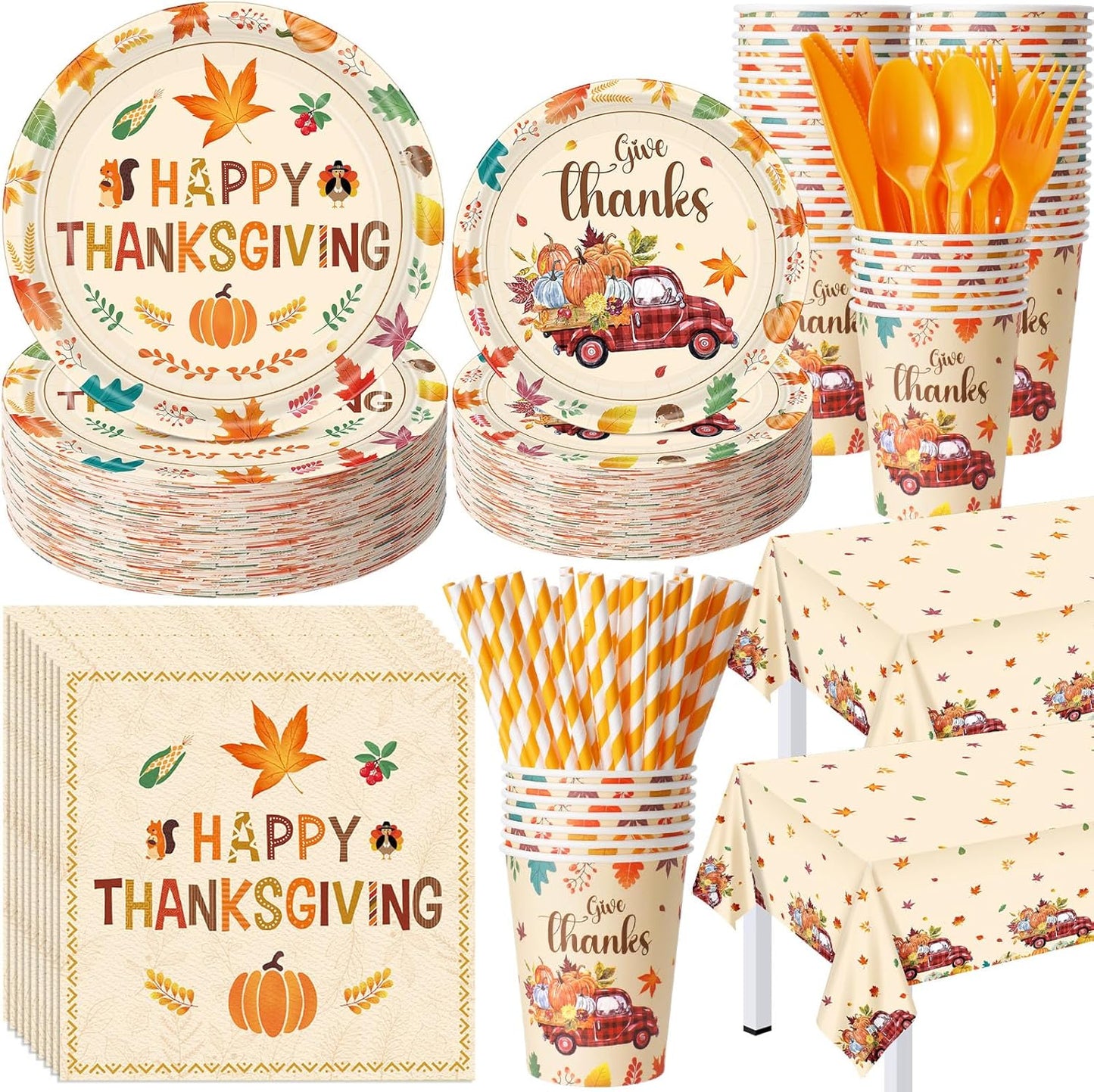 452 Pcs Happy Thanksgiving Party Decorations for 50, Pumpkin Leaves Turkey Give Thanks Paper Plates Napkins Cups Tablecloth Cutlery Straws for Fall Harvest Thanksgiving Theme Party Supplies