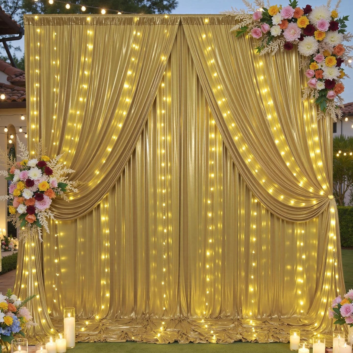 10x10 ft Gold Sequin Backdrop Curtain with Lights for Parties, Wrinkle Free Glitter Photo Backdrop Drapes Shimmer Back Drop Cloth with Light Strings for Wedding Birthday Photography Background