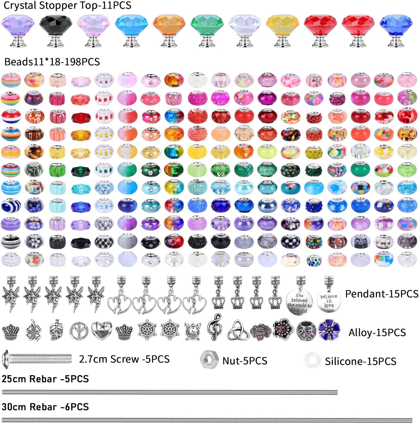 AIPRIDY 275 Pcs DIY Fairy Wand Garden Stakes Kit,Multiple Color Scheme European Beads Crystal Diamond Tops and 12 or 10 Inch Threaded Rods,Stainless Steel Stakes with Diamond Toppe(Rainbow)