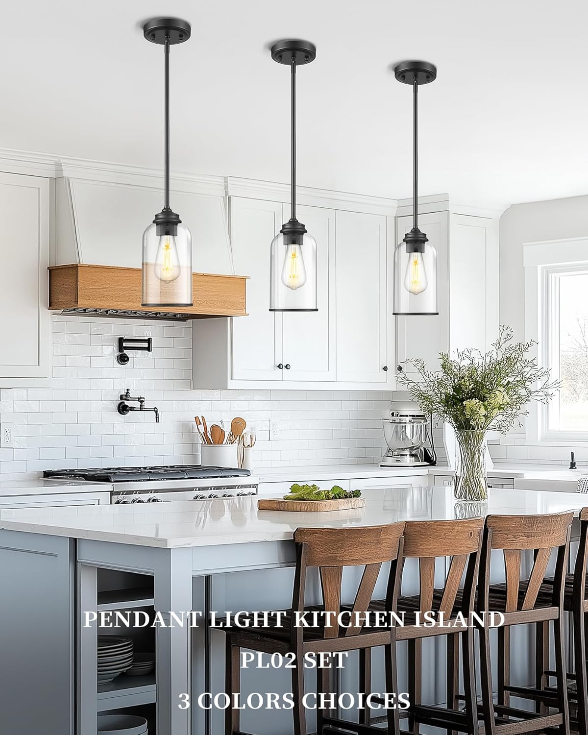 LIROUVET 2 Pack Pendant Lights Kitchen Island, Modern Pendant Lights, Black Hanging Lamp with Clear Glass, Industrial Pendant Light Fixtures for Dining Room PL02 CLBK-2PK