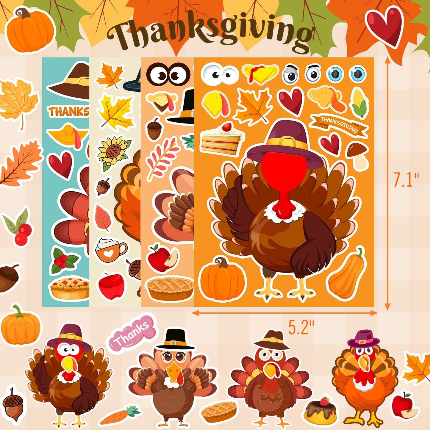 32 Sheets Thanksgiving Stickers, Thanksgiving Crafts for Kids, Make-A-Turkey Stickers for Kids Thanksgiving Party Favors Decorations Games Supplies