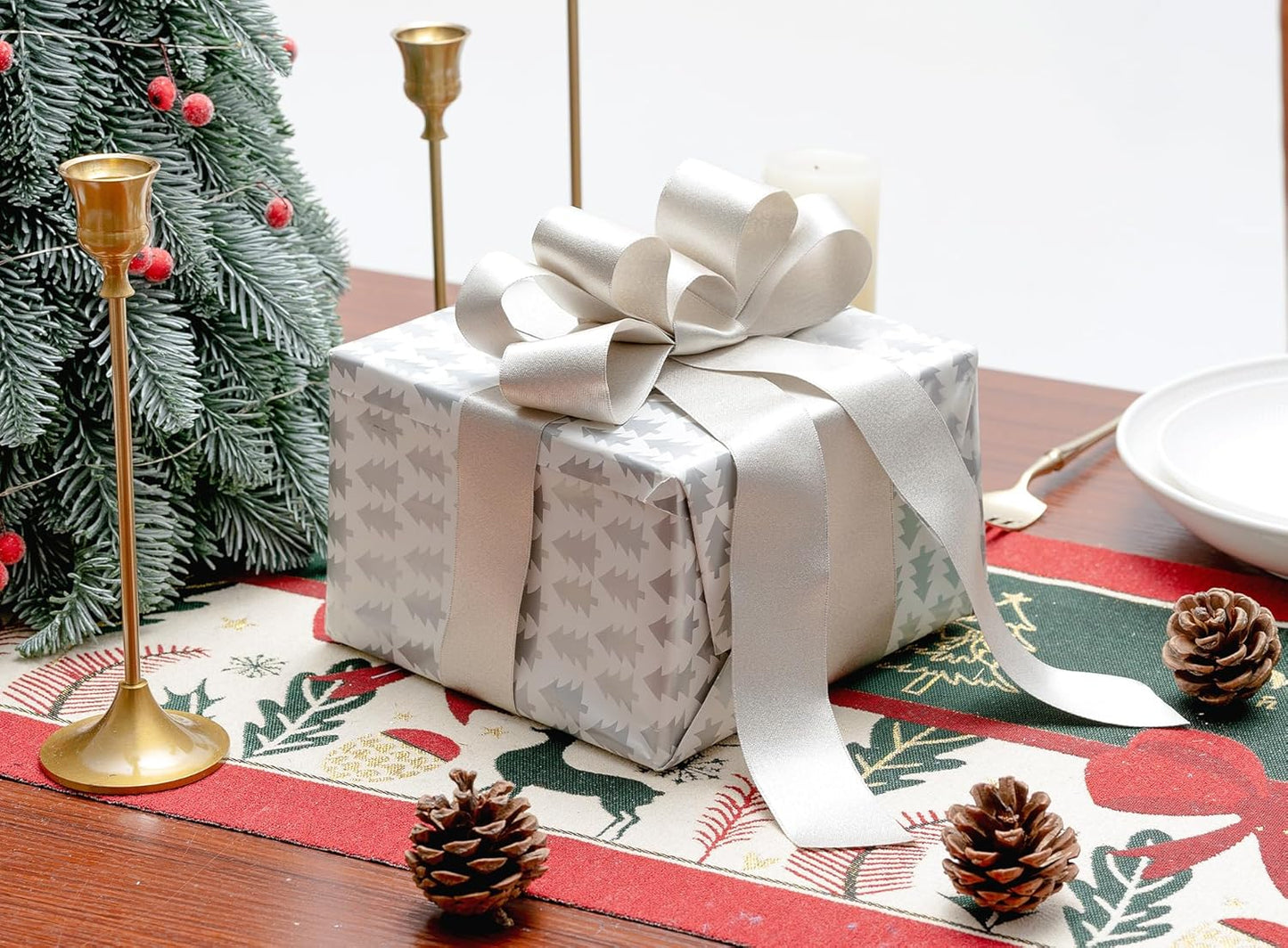 Champagne Satin Wired Ribbon 1-1/2 Inch Double-Faced Sliver Glitter Ribbons for Wreath, Christmas Tree Decoration, Gift Wrapping, Home Decor 10 Yards