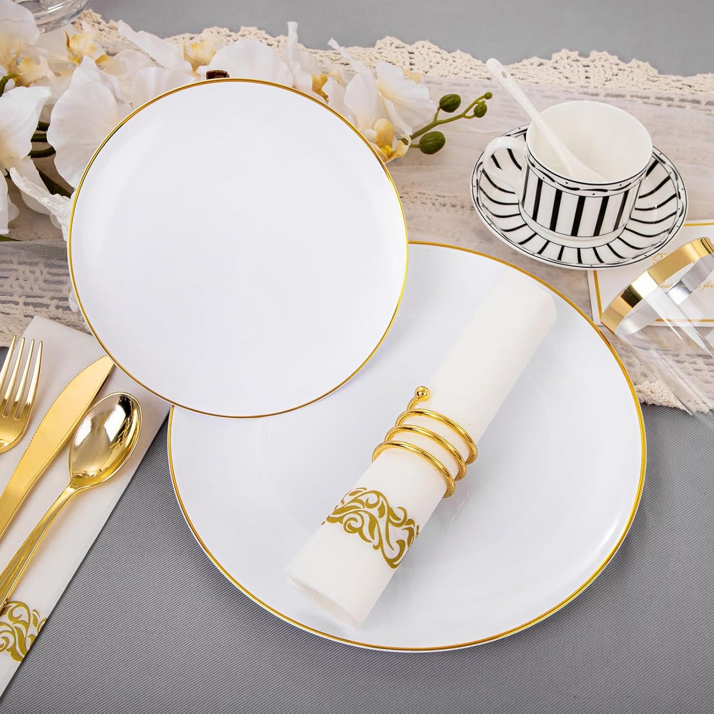 Supernal 350pcs White and Gold Plastic Plates,Gold Plastic Dinnerware for 50 Guests Include 100 White Disposable Plate, 150 Gold Silverware Set, 50 Disposable Cups, 50 Napkins