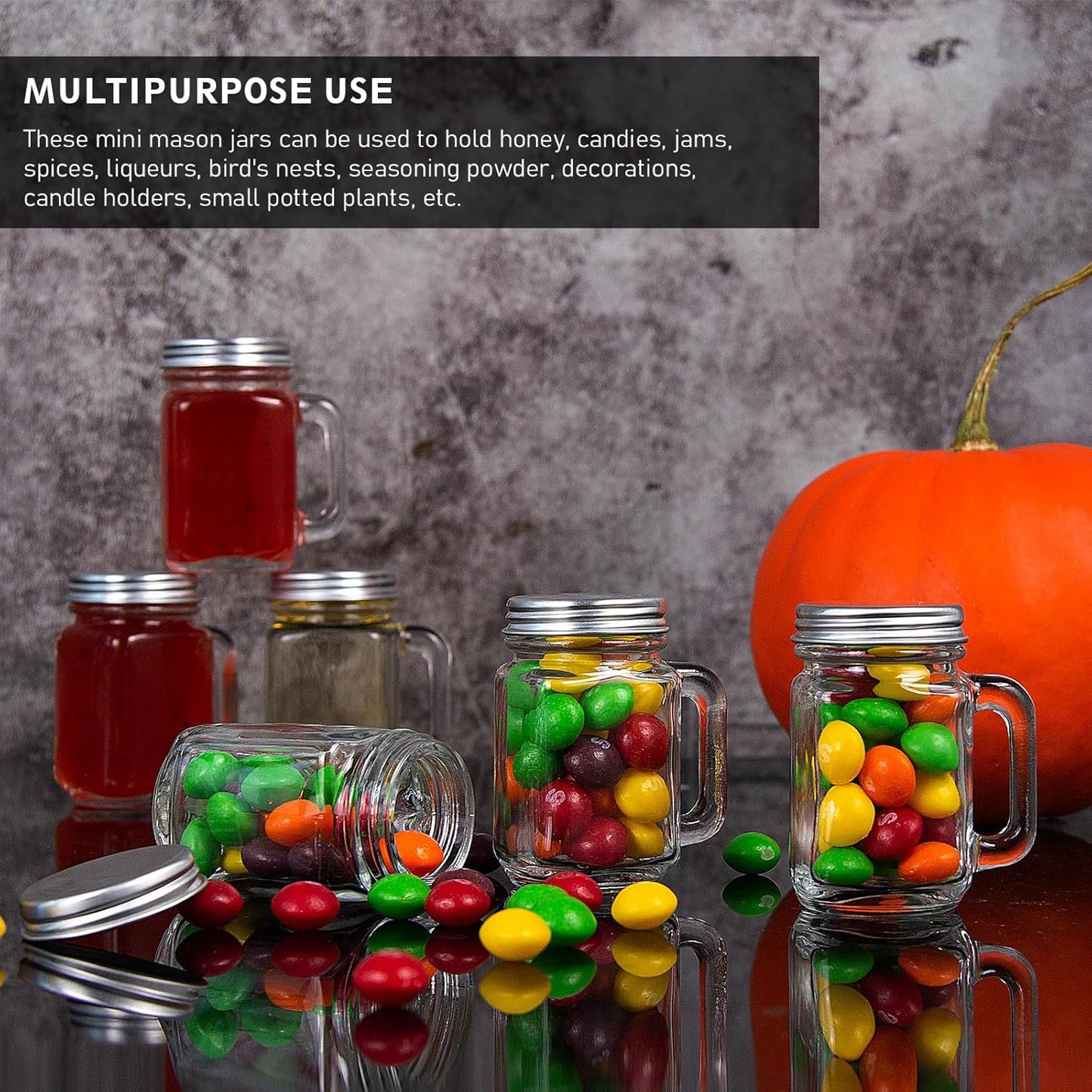 30 Pack Small Mason Jars, 1.5 oz Mini Mason Jar Glasses with Lids & Handles Mini Honey Jars DIY Decorations,Glass Favor Jars for Drink, Dessert, Candle, Craft, 30 Labels and Hemp Rope & Pen