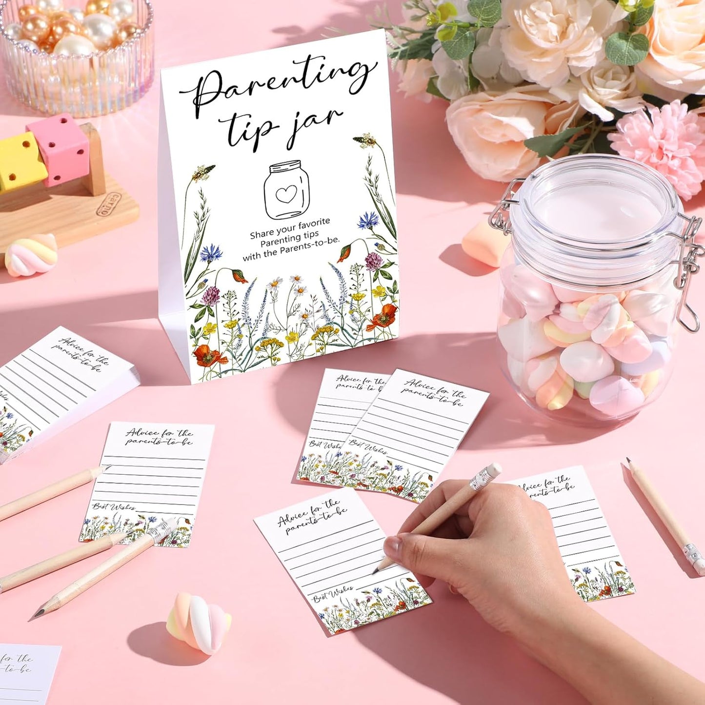 Roowest Baby Shower to Baby Advice Cards for New Parents to Be - Tip Jar Sign for New Parents 60 Parenting Advice Cards 10 HB Pencils 2 Cute Stickers 1 Pet Bottle for Guests Games(Wild Flower)