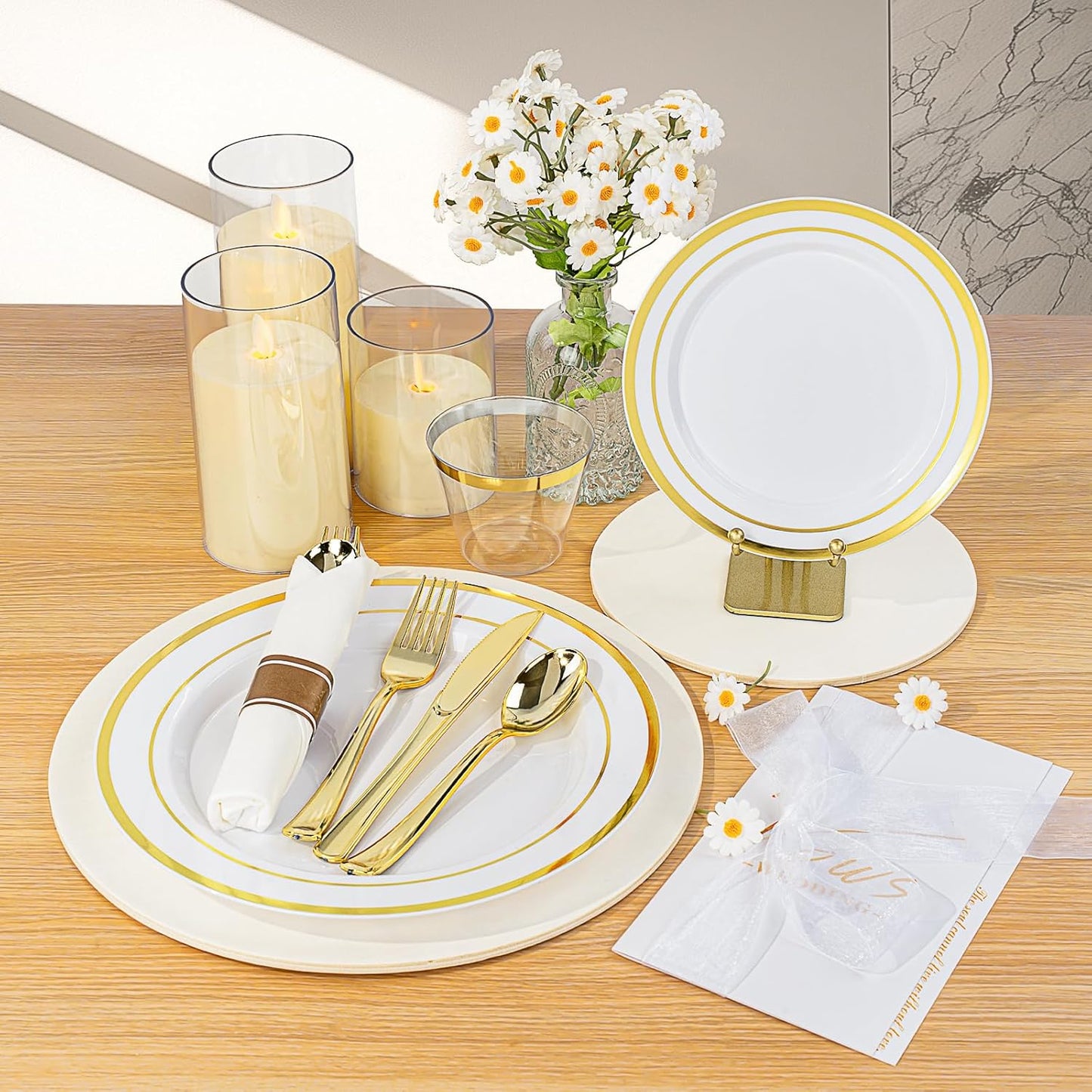 BESTVIP 700PCS Gold Plastic Dinnerware Set for 100 Guests, Disposable Plates for Party, Include: 200 Plastic Plates, 100 Pre Rolled Napkins with Gold Silverware, 100 Cups for Christmas, Halloween