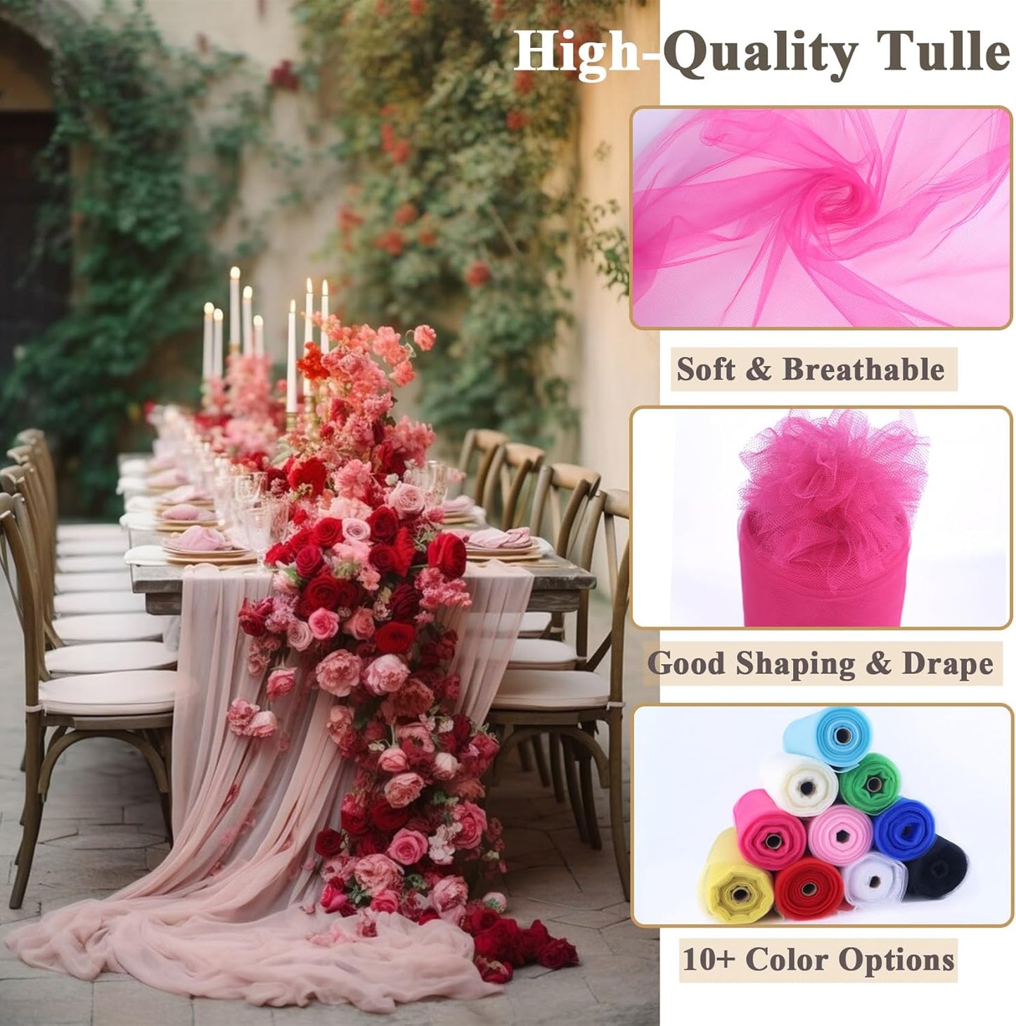 Hot Pink Tulle Fabric Rolls 54 Inch x 10 Yards Large Mesh Tull Bolt for Wedding, Garden Netting, Tutu Skirt, Party Decoration and Craft Supplies