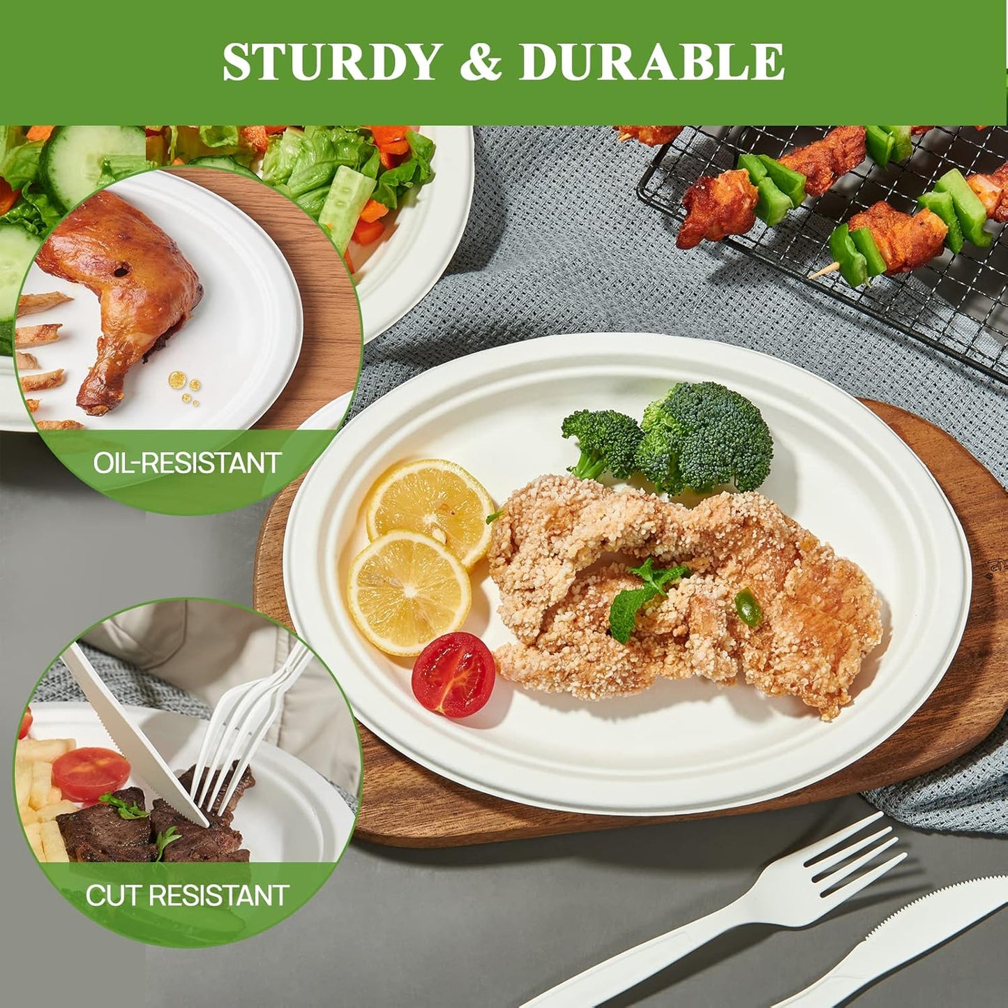 Vplus 100% Compostable Oval Paper Plates 10 inch 125 Pack Super Strong Disposable Paper Plates Bagasse Natural Biodegradable Eco-Friendly Sugarcane for BBQ, Party, Gathering, and Picnic