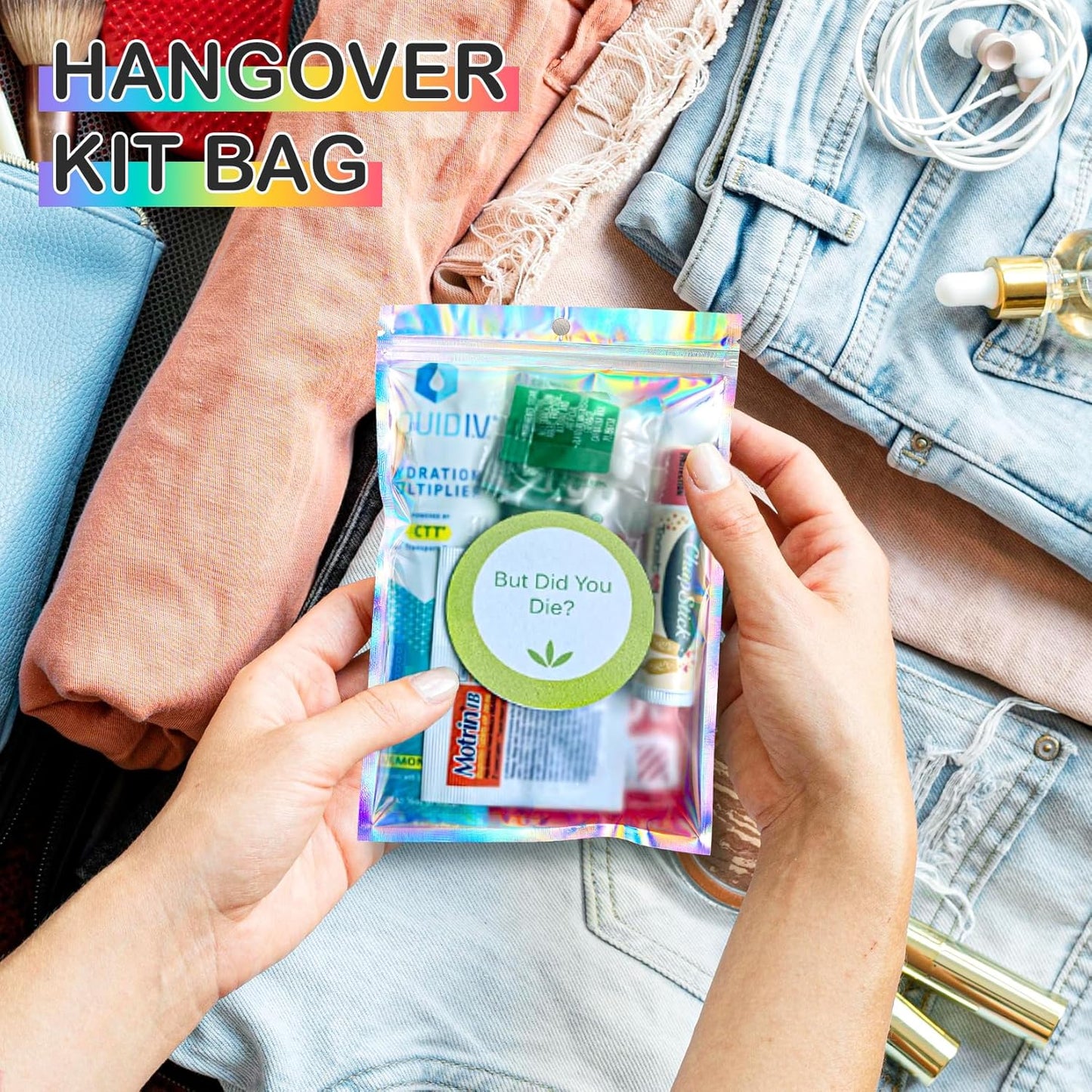 Funfery 50 pcs Mylar Holographic Bags Clear Window Resealable Bags,Foil Bag with Zipper,Sealing Pouch Smell Proof Packaging Bags for Food Storage,Candy,Party Favor Sample Business Supplies(5.5x7.9in)