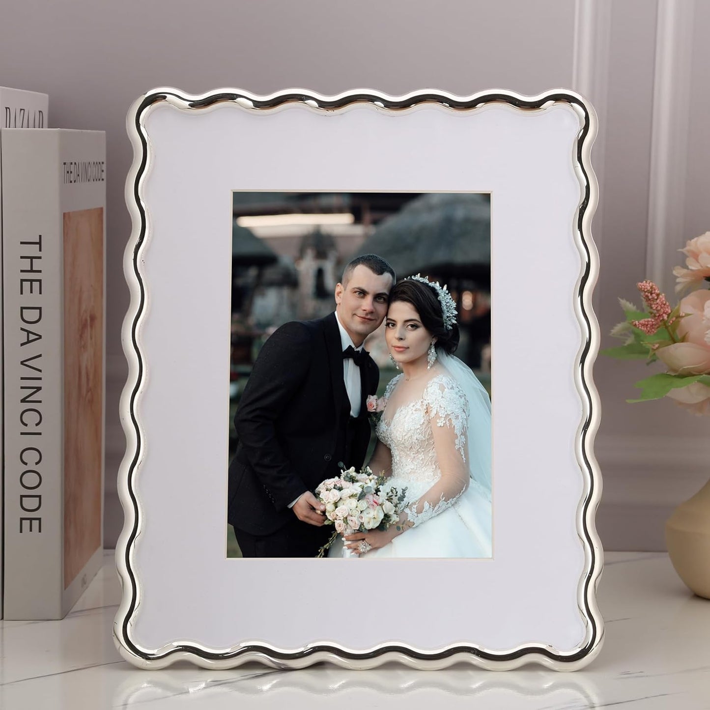 Silver 8x10'' Wave Design Photo Frame with Acid Free Mat for 5x7'',High-End Zinc Alloy Picture Frames with Velvet Back,Fashionable Style Silver frames 7x5''