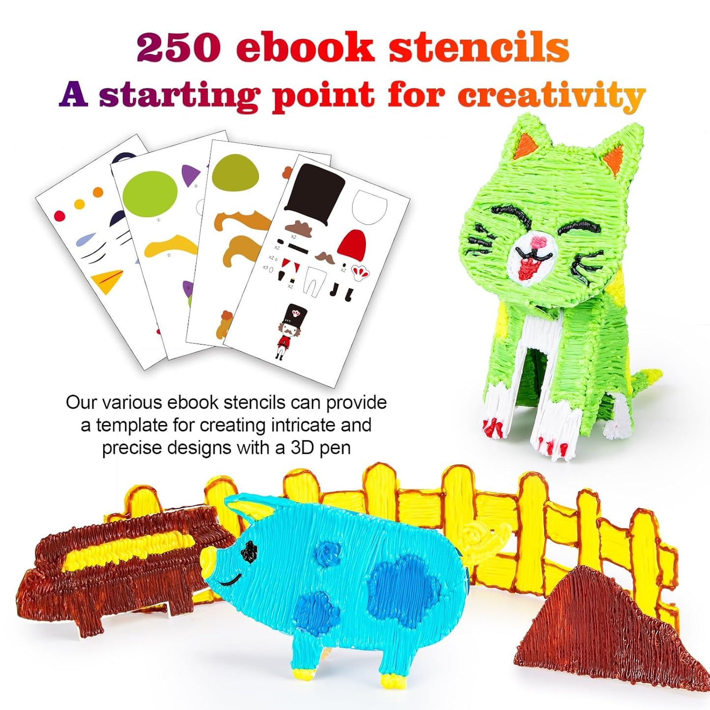 3D Printing Pen Refills PLA Filament 1.75mm 24 Vibrant Colors 240 Feet, Each Color 3 Meters (10 Feet) - 250 Stencils eBooks - Fit for SCRIB3D P1 and MYNT3D Pens