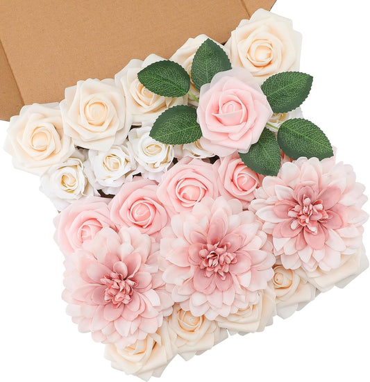 Floweroyal Artificial Pink Flowers Fake Rose Flowers Dahlia with Stems for DIY Wedding Bridal Bouquets, Baby Shower, Floral Arrangement, Table Centerpieces, Home Decorations.