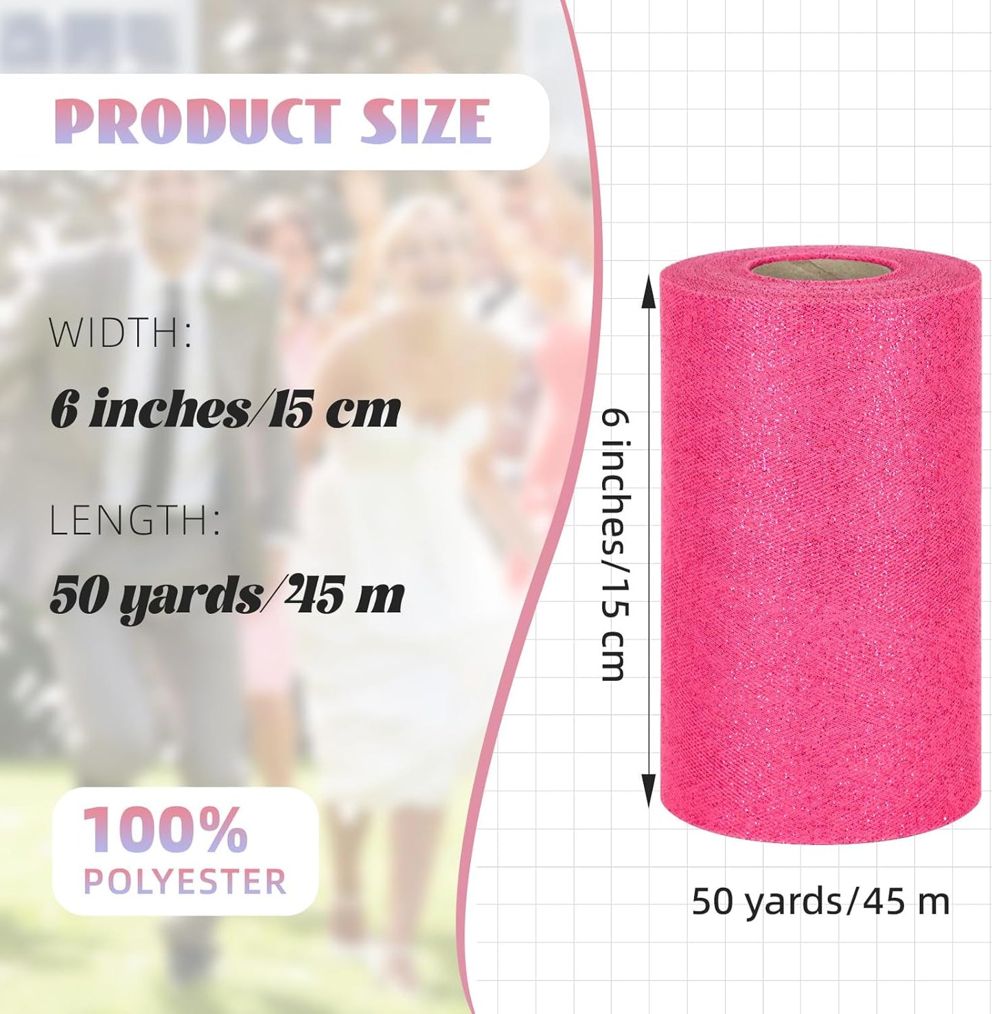 Glitter Tulle Rolls 6” by 50 Yards Sparkle Tulle Fabric Ribbon Sequin Tulle Netting Rolls for DIY Tutu Skirt Wedding Birthday Party Decoration (Fuchsia)