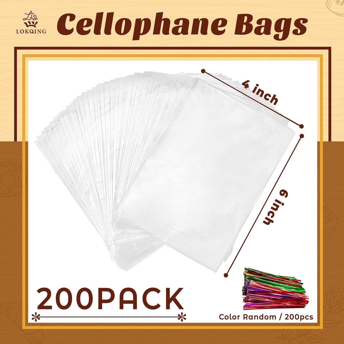LOKIQNG Cellophane Bags Plastic Treat Bag Clear Cookie Candy Bags with Twist Ties for Party Favor Bag(200PACK, 4x6inch)