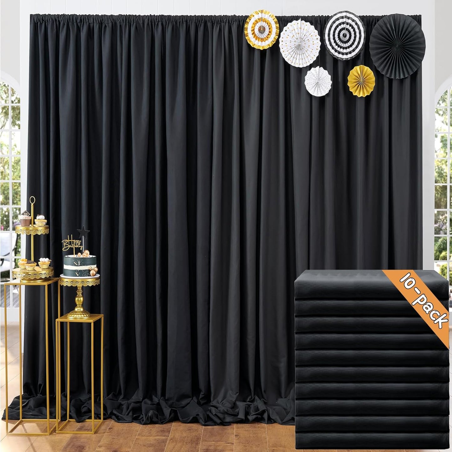 50ft x 10ft Thick Champagne Backdrop Curtains for Parties, 10 Panels 5ft x 10ft Non See Through Black Polyester Wedding Drapes Photo Backdrop for Birthday Party Graudation Photography Home Decor