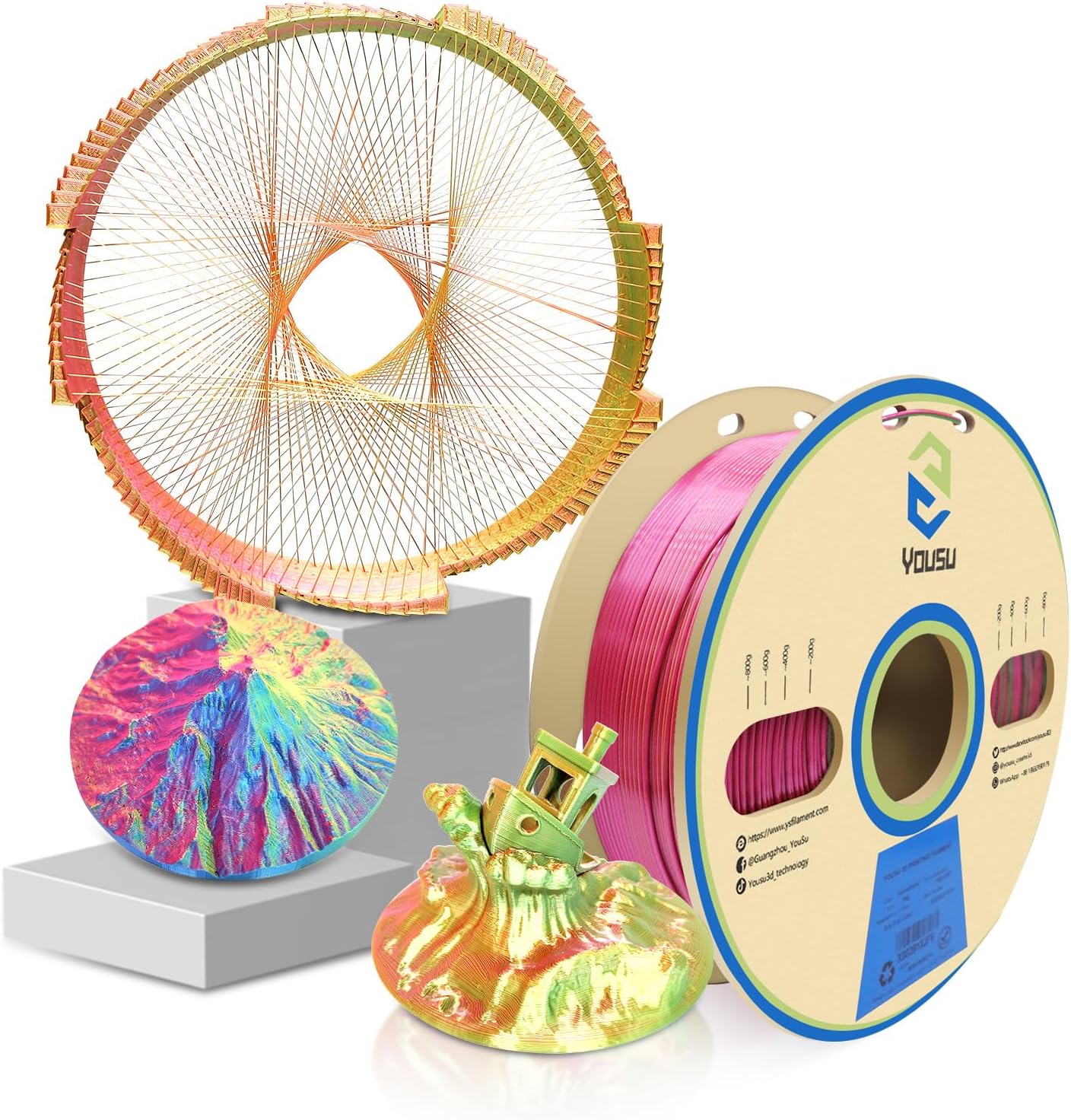 YOUSU Silk Tri Color PLA Filament，Coextrusion PLA Filament 1.75mm，1KG/Roll,3D Printer Filament Silk PLA Gold & Green & Rose red.