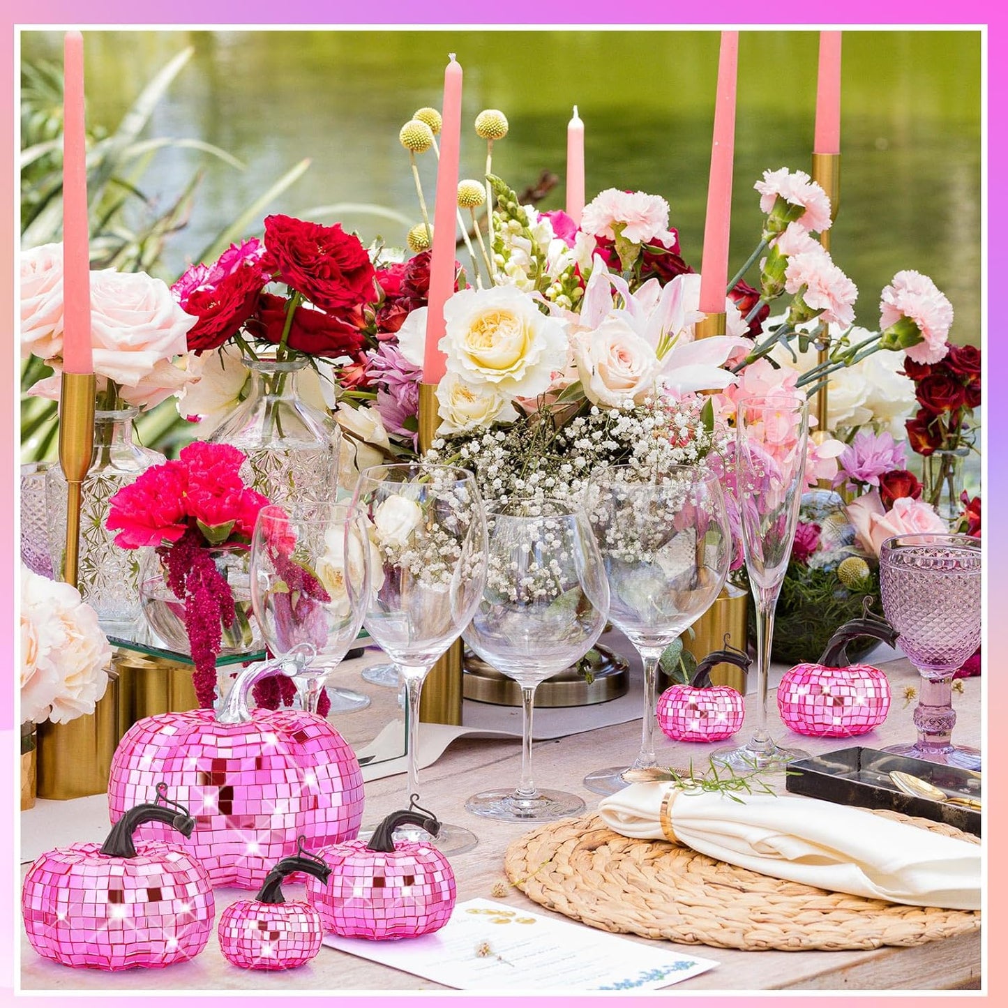 Lenwen 12 Pcs Artificial Disco Pumpkin Glitter Mirror Pumpkin for Decorating Fall Farmhouse Hanging Ornament Harvest Decor for Halloween Thanksgiving Table Centerpiece(Bright Pink)