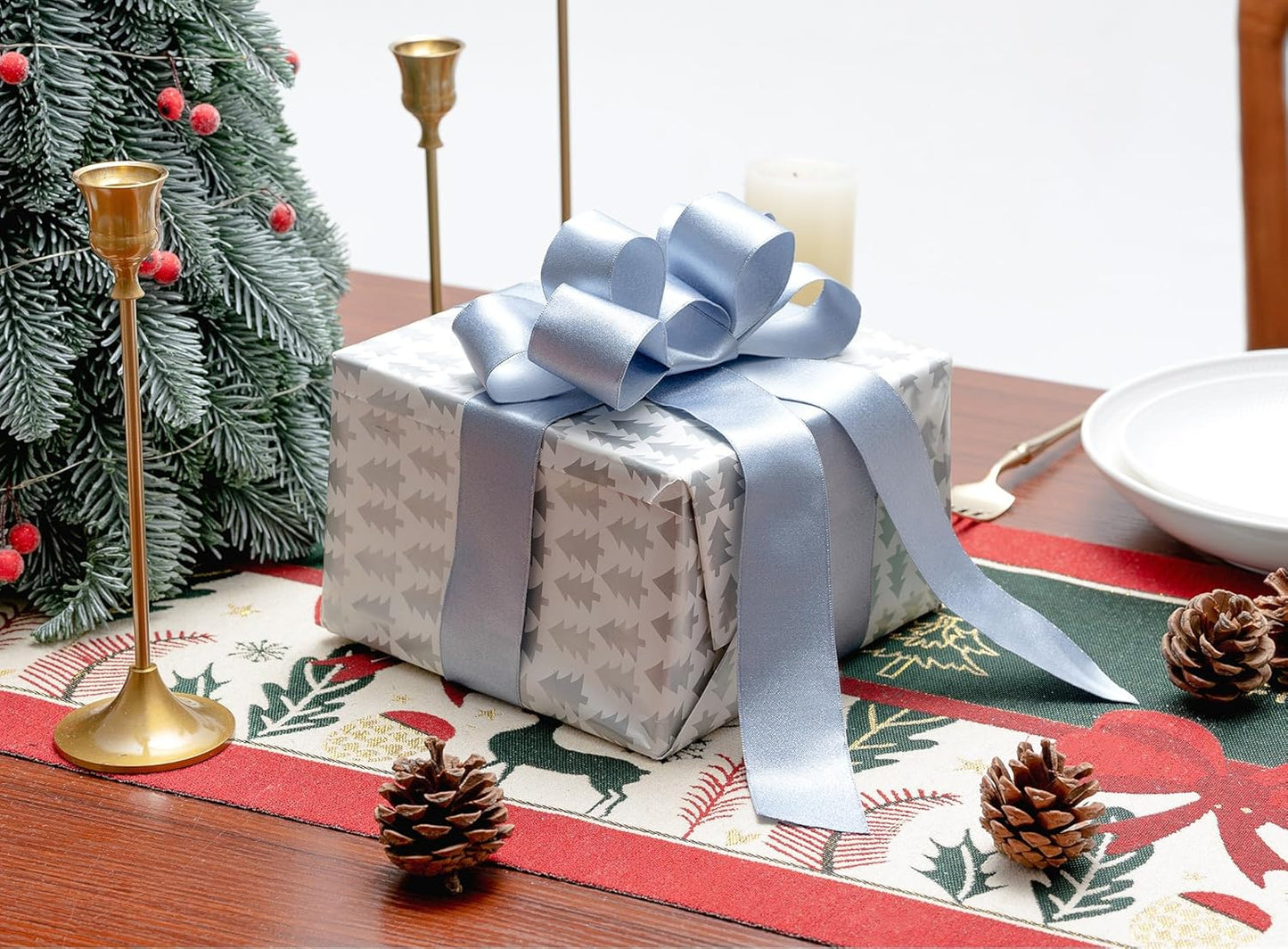 Light Blue Satin Wired Ribbon 1-1/2 Inch Double-Faced Sliver Glitter Christmas Ribbons for Wreath, Tree Decoration, Gift Wrapping, Home Decor 10 Yards