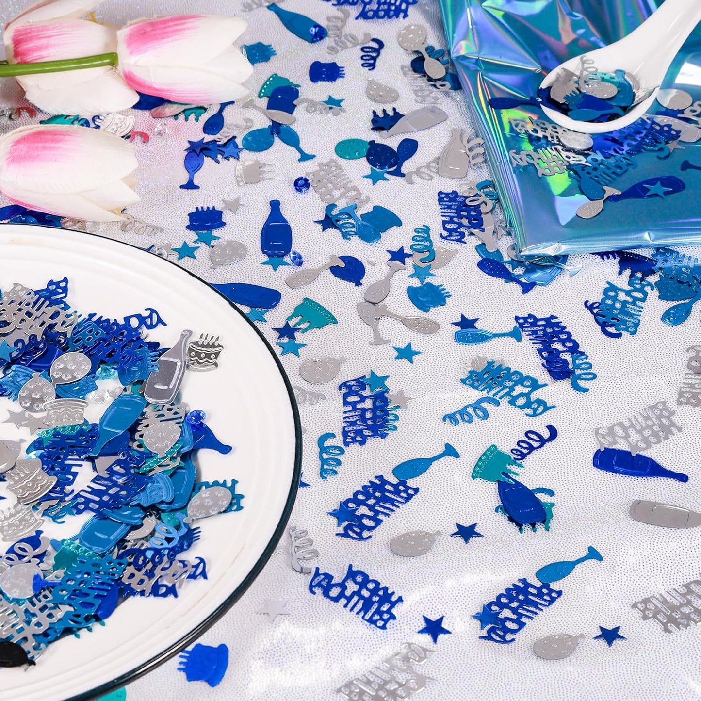 Blue and Silver Happy Birthday Confetti, 3000 Pcs Birthday Cake Table Metallic Foil Confetti Party Table Decor for Party, Baby Shower, DIY Arts and Crafting