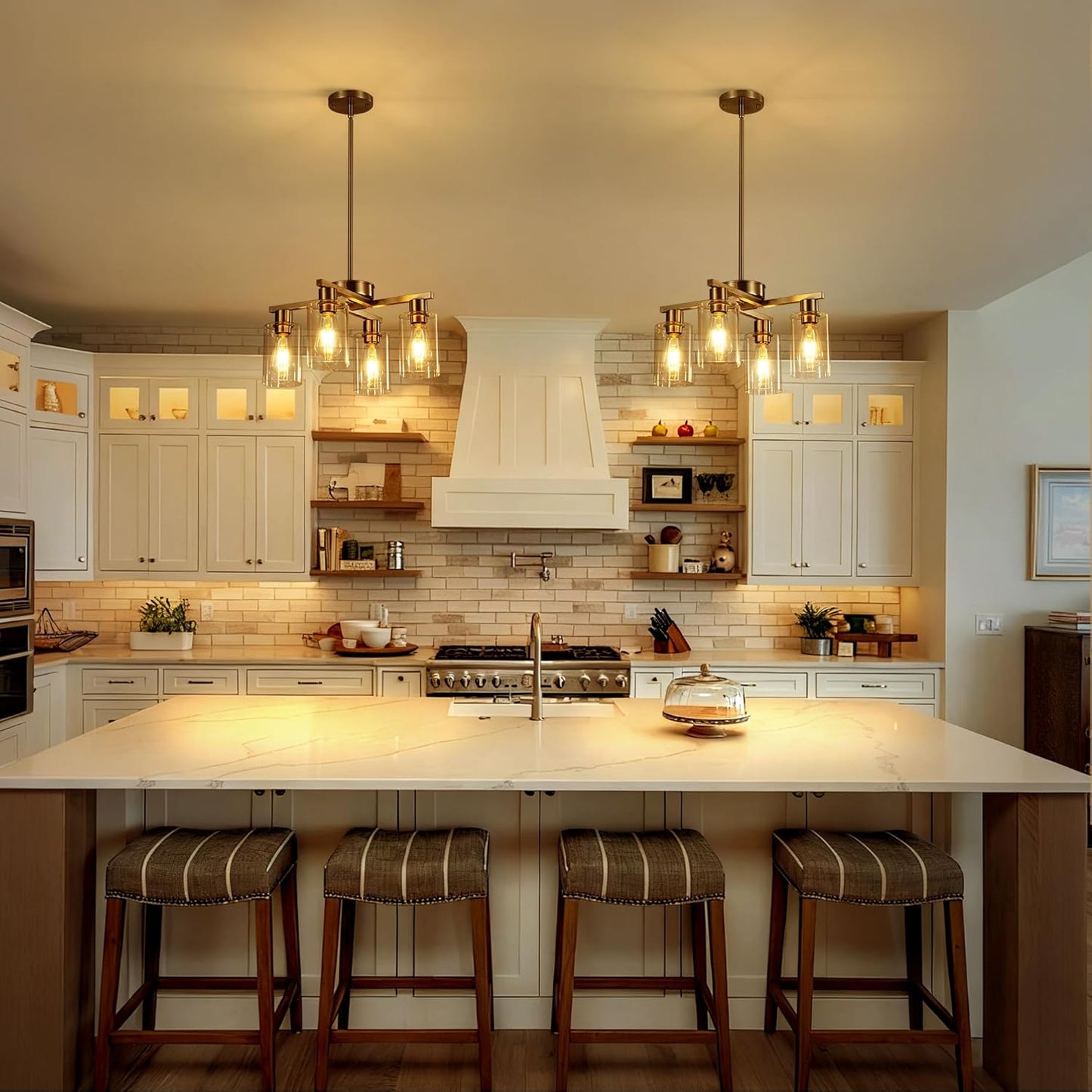 4-Light Modern Farmhouse Brushed Nickel Chandelier, Dining Room Light Fixture Over Table Adjustable Height Hanging Industrial Pendant Lights Kitchen Island, Clear Glass Shade