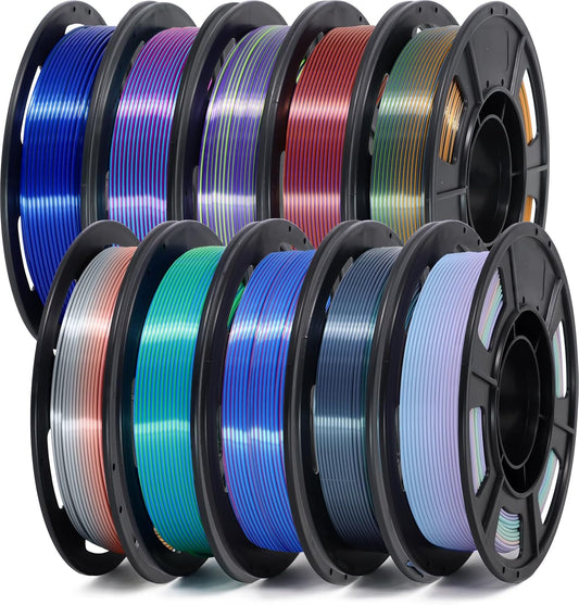 YOUSU 3D Printer Filament 1.75MM Silk PLA Filament Rainbow Color, 10 * 250g Pack Filament Bundle for 3D Printer.