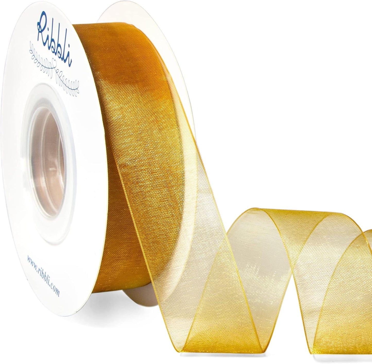 Ribbli Pale Gold Organza Ribbon,1 Inches x Continuous 50 Yard, Pale Gold Sheer Ribbon for Gift Wrapping,Cookie Wrapping,Wedding Decoration,All Crafting and Sewing