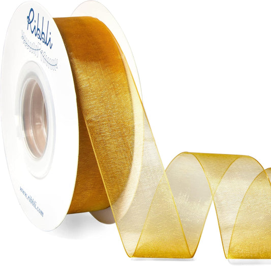 Ribbli Pale Gold Organza Ribbon,1 Inches x Continuous 50 Yard, Pale Gold Sheer Ribbon for Gift Wrapping,Cookie Wrapping,Wedding Decoration,All Crafting and Sewing