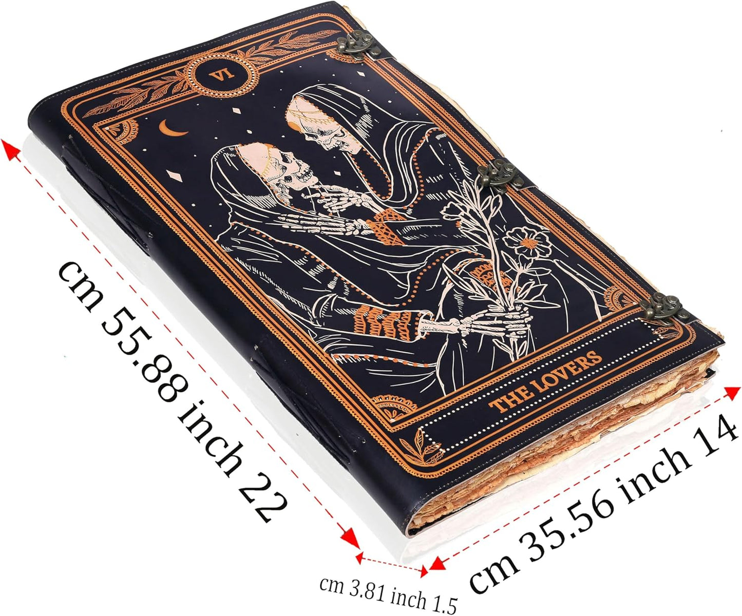 cuero Book of Spells Leather Journal Deckle Edge Paper Grimoire Printed Journal The Lovers Tarot Notebook Spiral Gothic Notebook Skull lover Antique Vintage Leather Journals for Women and Men